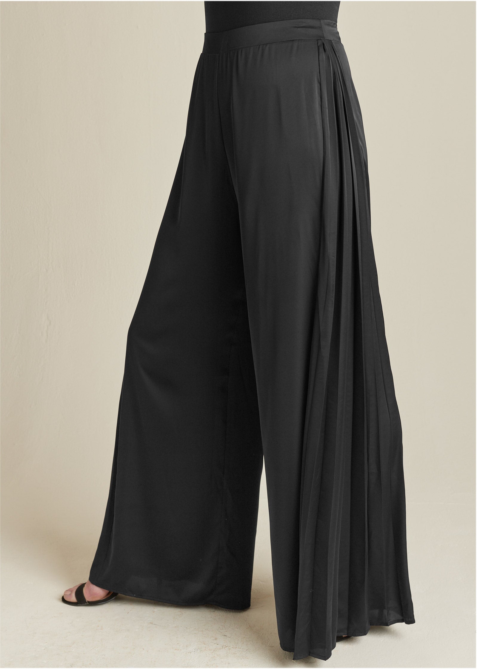 Side Pleat Wide Leg Pants - Jet Black