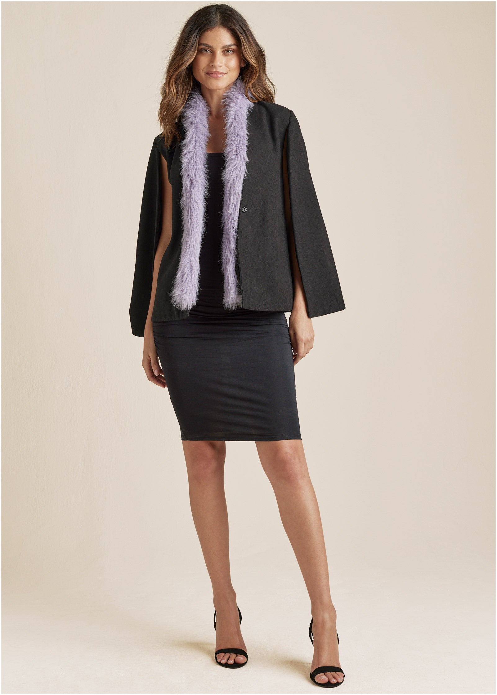 Faux Fur Trim Cape Jacket - Jet Black