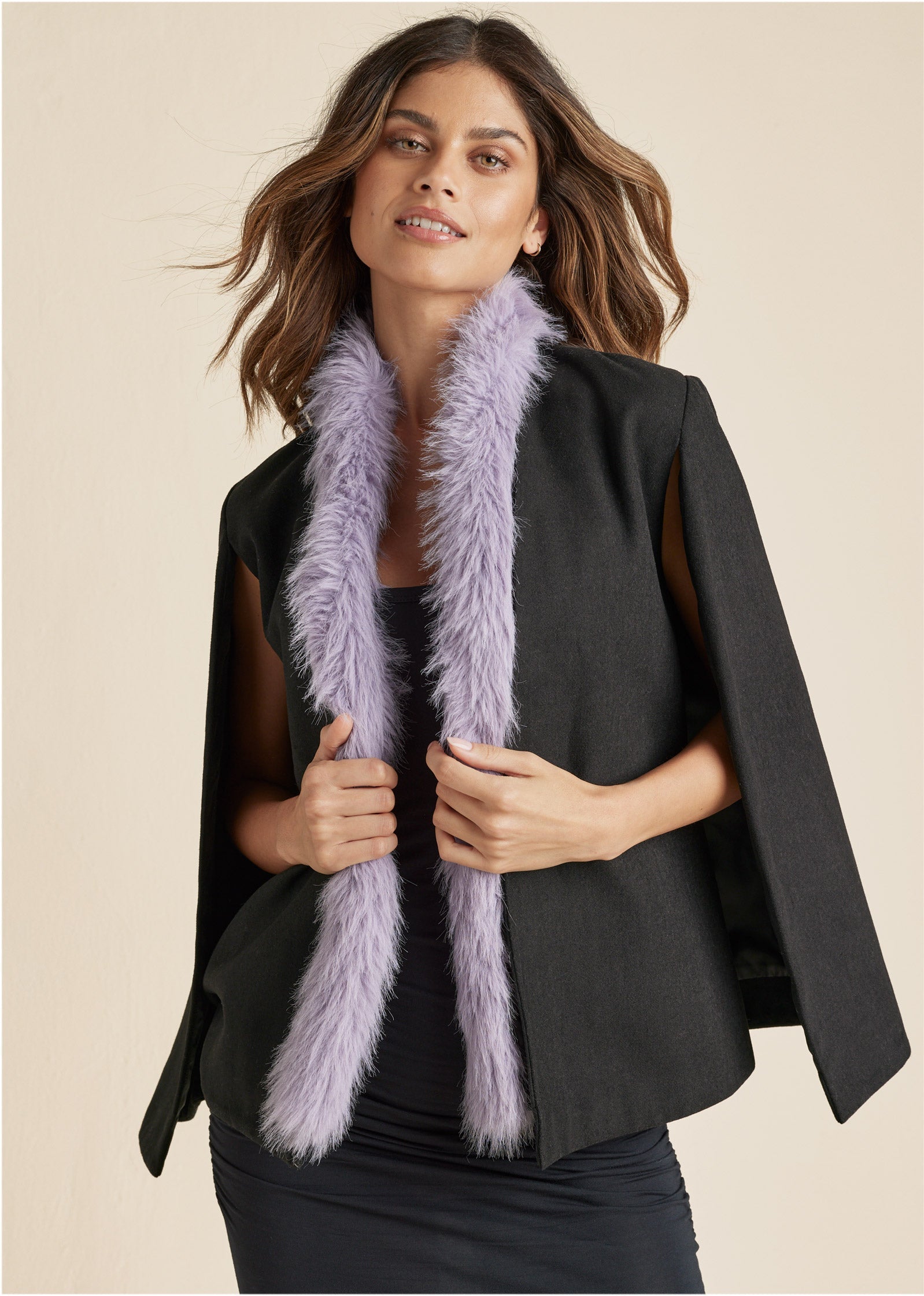 Faux Fur Trim Cape Jacket - Jet Black