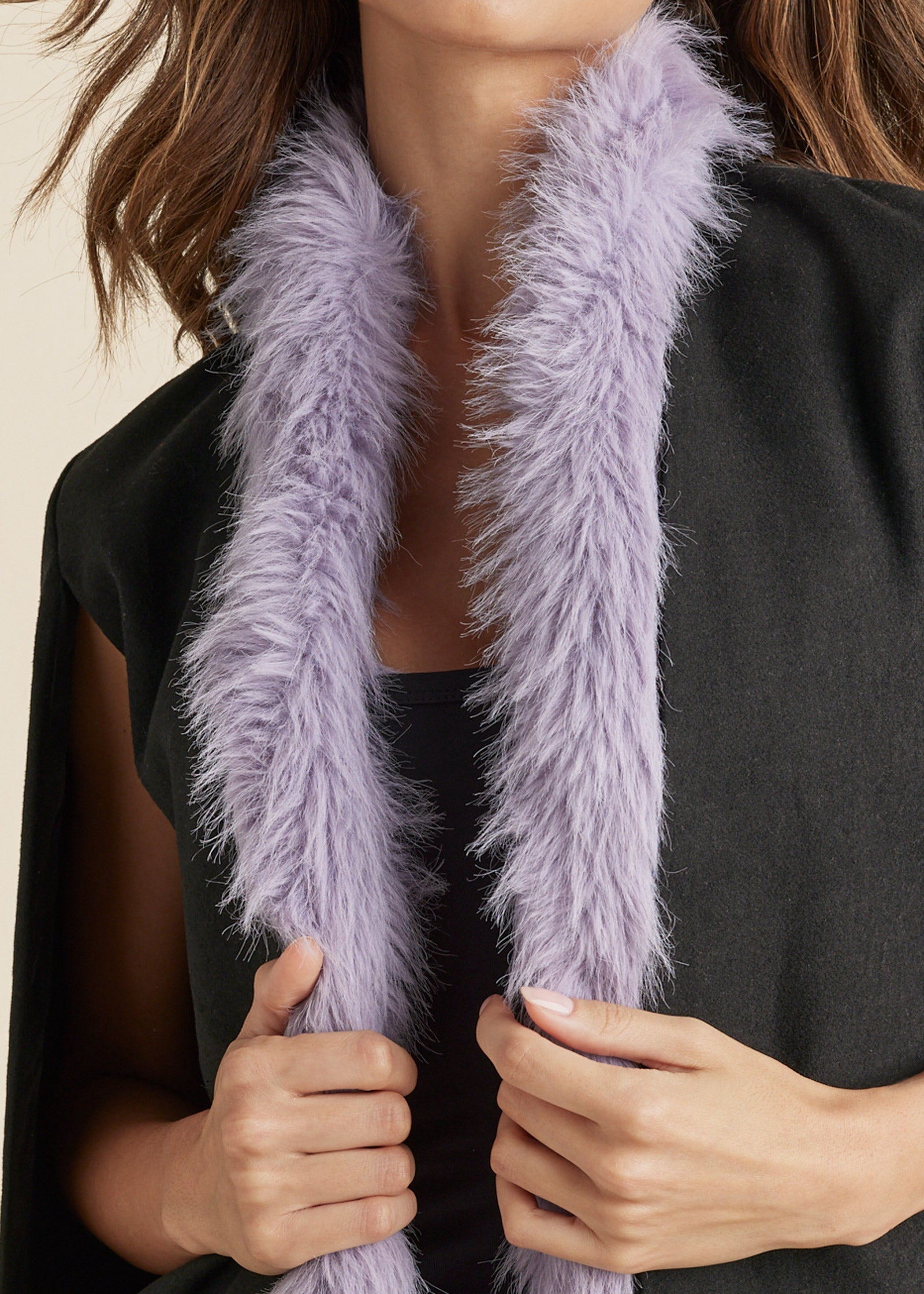 Faux Fur Trim Cape Jacket - Jet Black