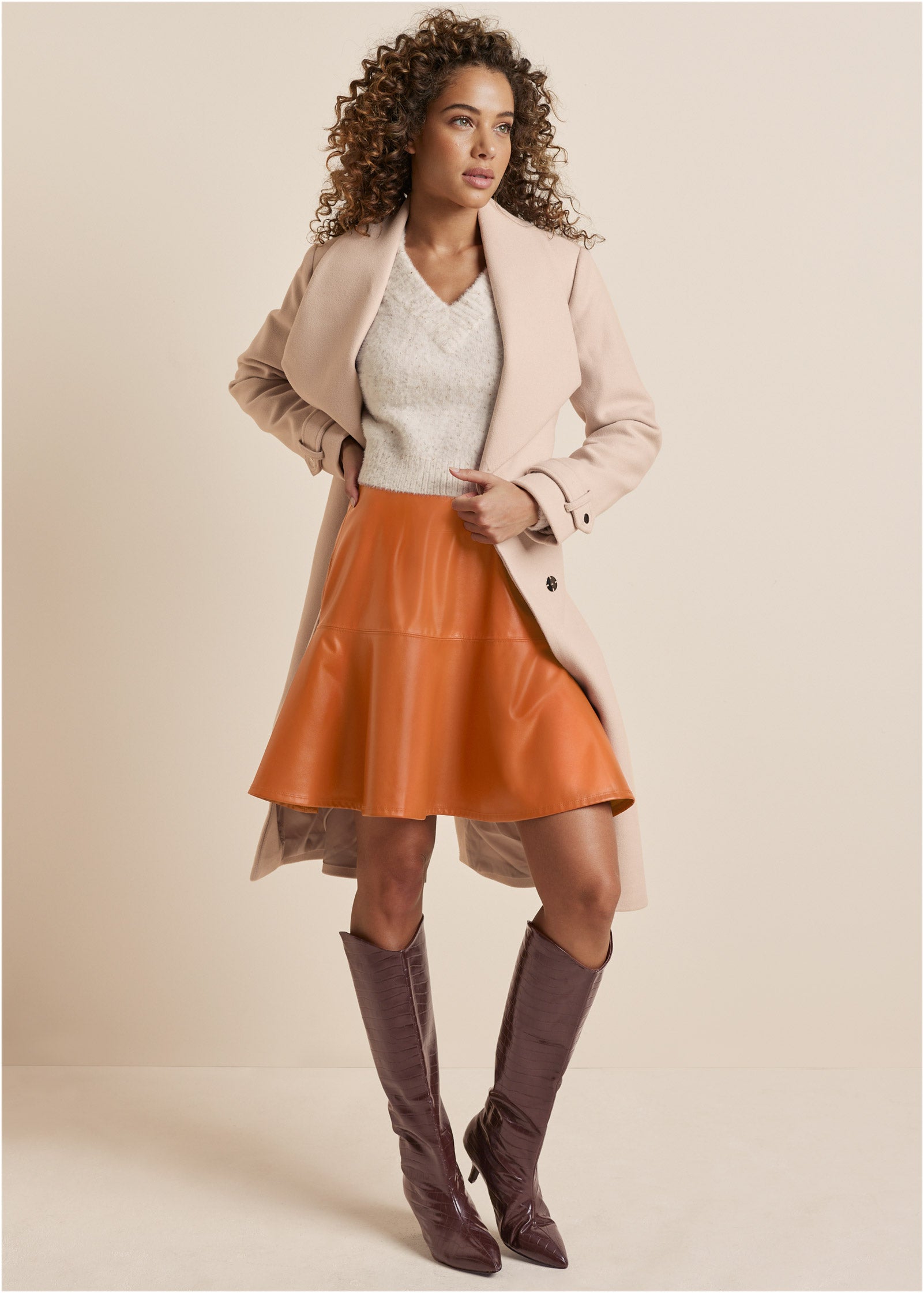 Faux Leather Trumpet Skirt  - Cognac