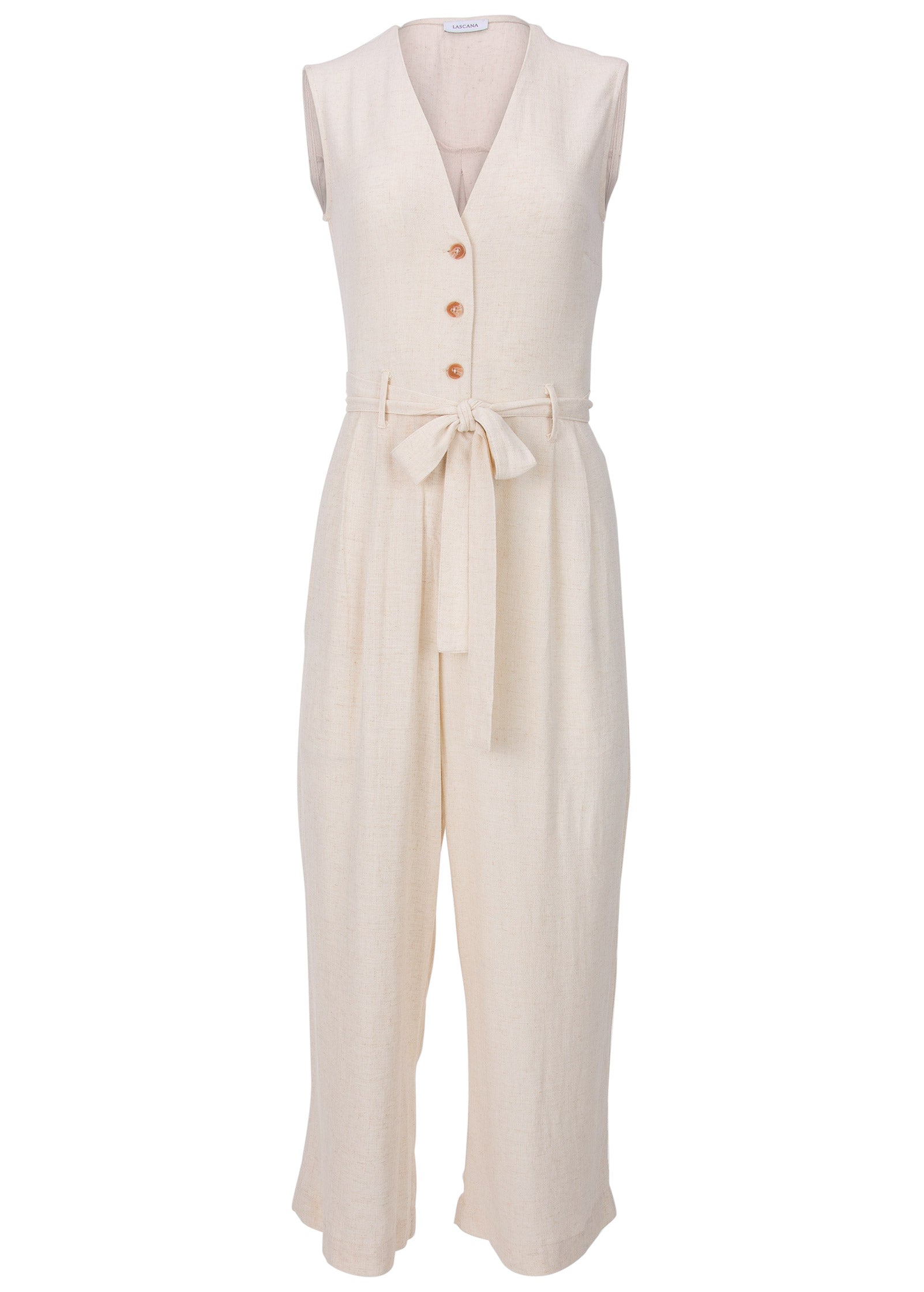 Button Front Linen Jumpsuit - Beige