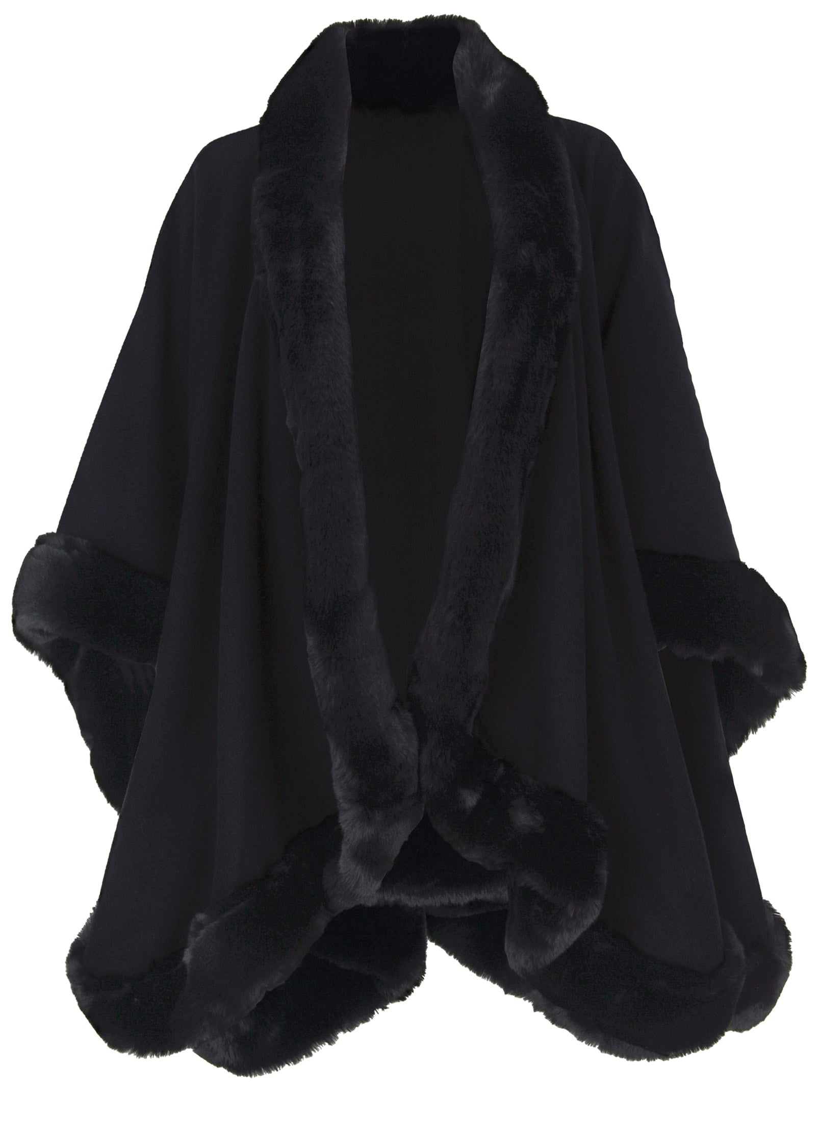Fur Trim Wrap Shawl - Black