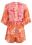 3/4 Sleeve Printed Romper - Orange Multi
