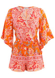 3/4 Sleeve Printed Romper - Orange Multi