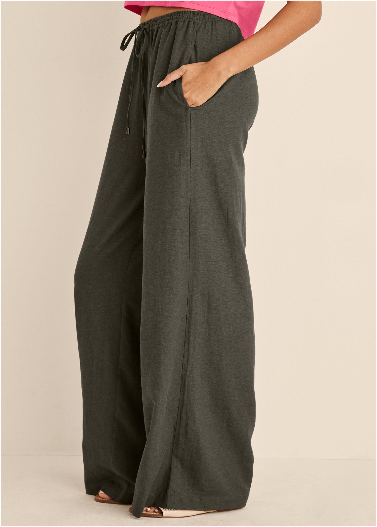 Linen Wide Leg Pants - Olive