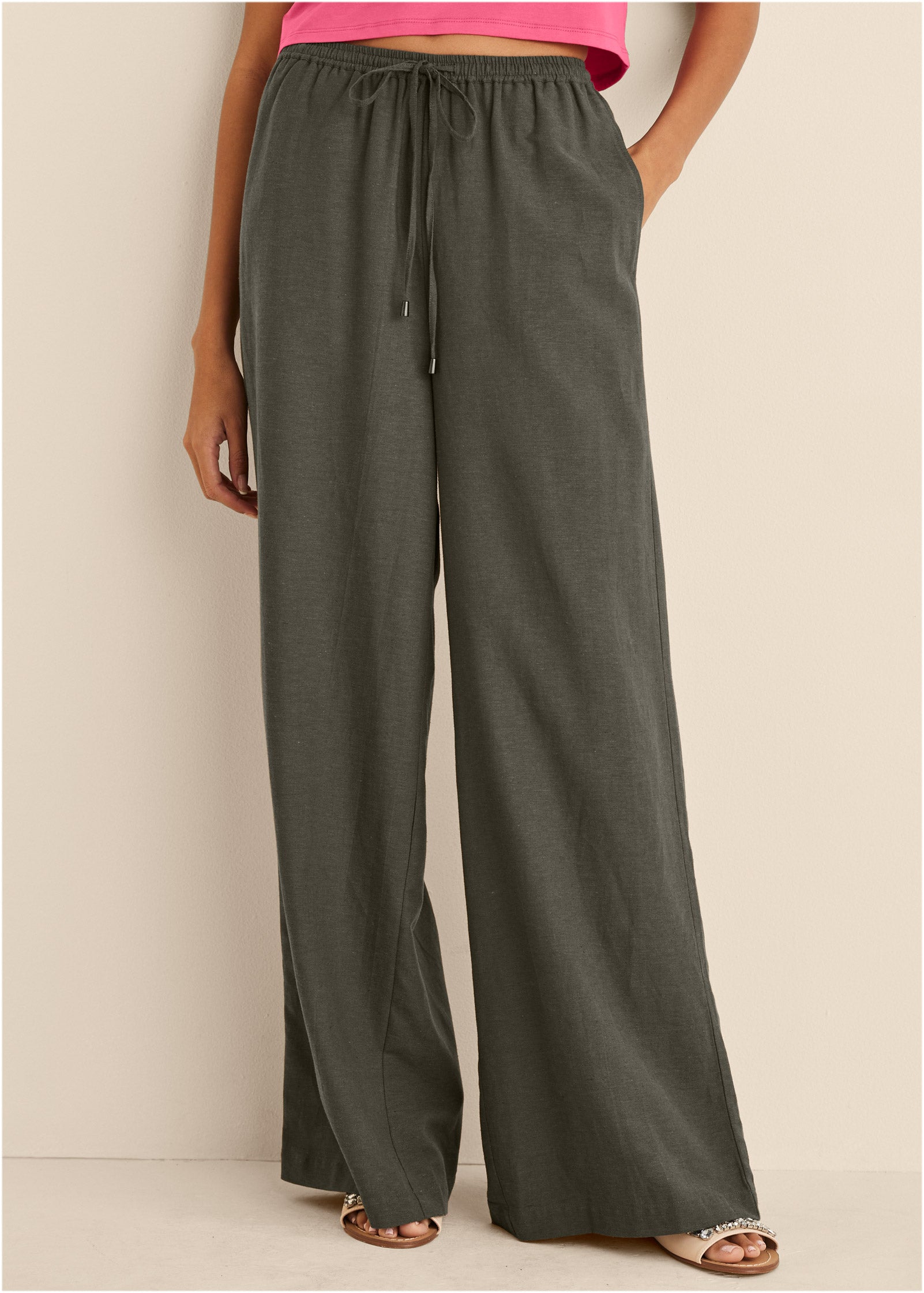 Linen Wide Leg Pants - Olive