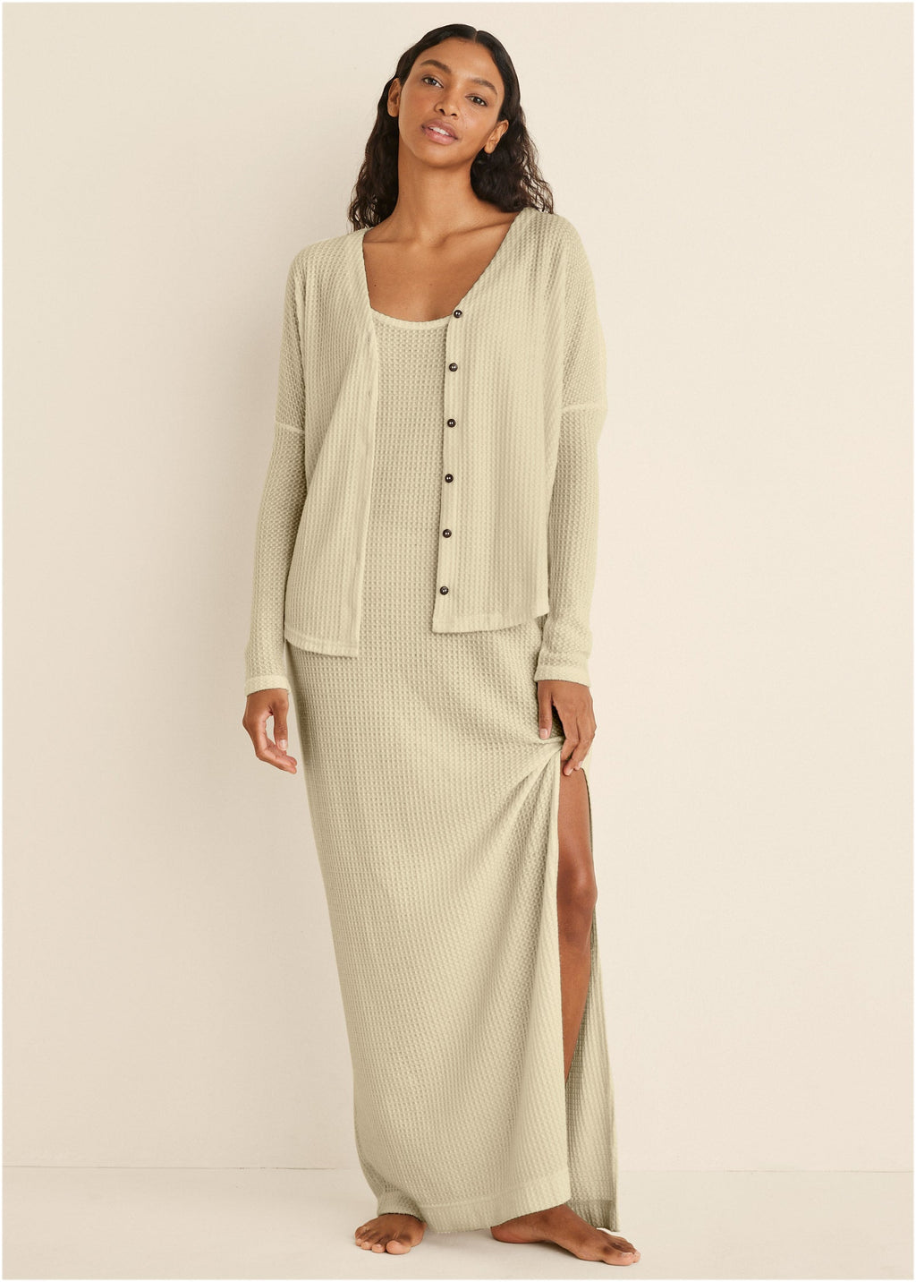 Cozy Waffle Button Down Top - Oatmeal