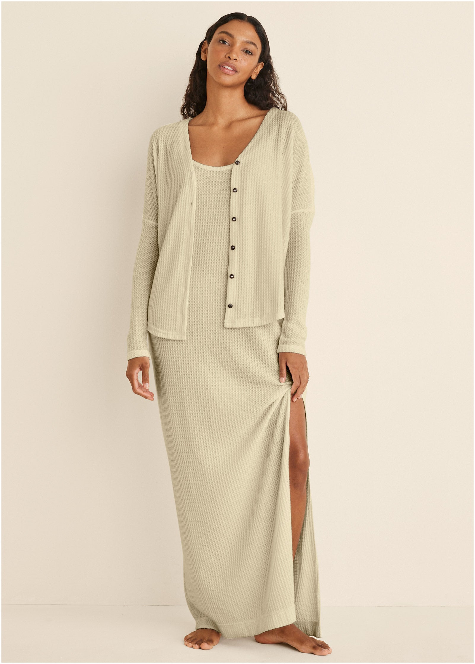 Cozy Waffle Button Down Top - Oatmeal