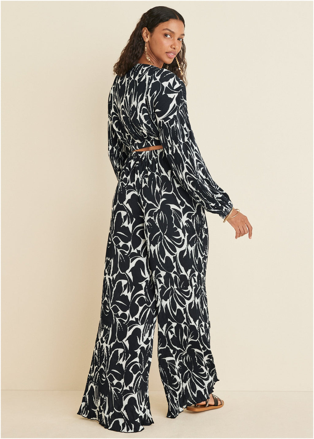 Plisse Wide Leg Pants - Woodcut Botanical
