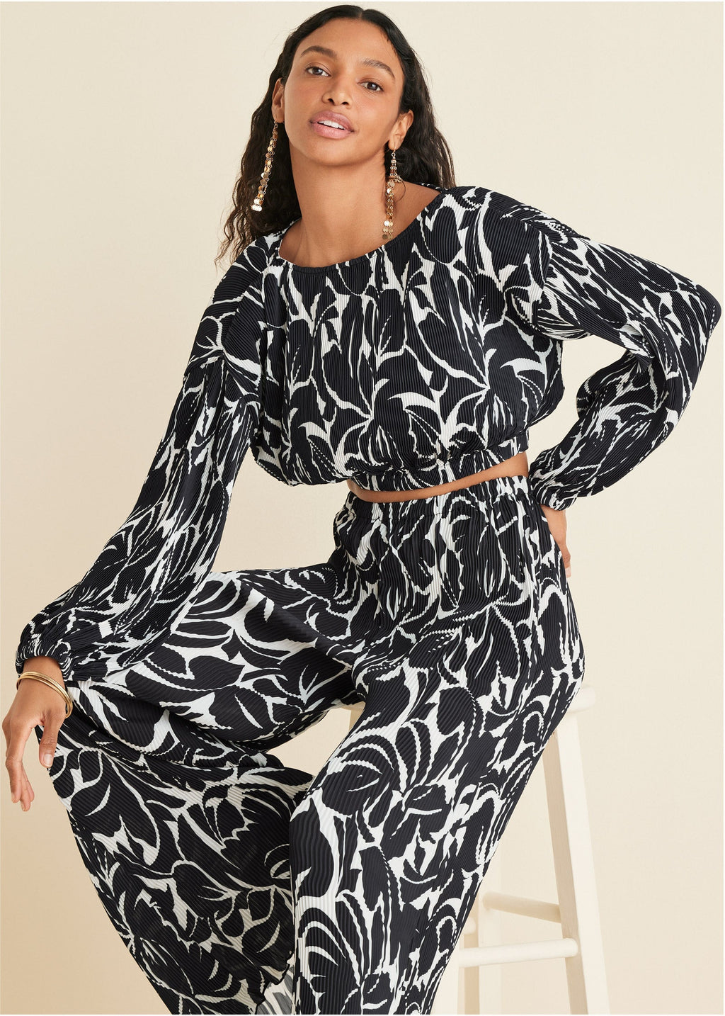 Plisse Wide Leg Pants - Woodcut Botanical