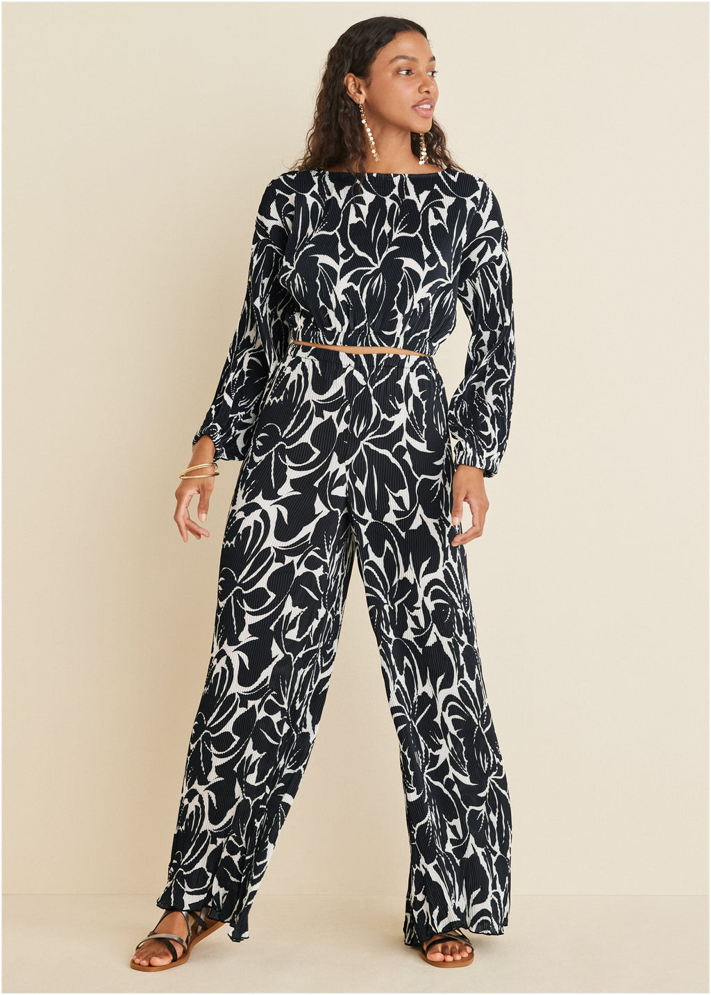 Plisse Wide Leg Pants - Woodcut Botanical
