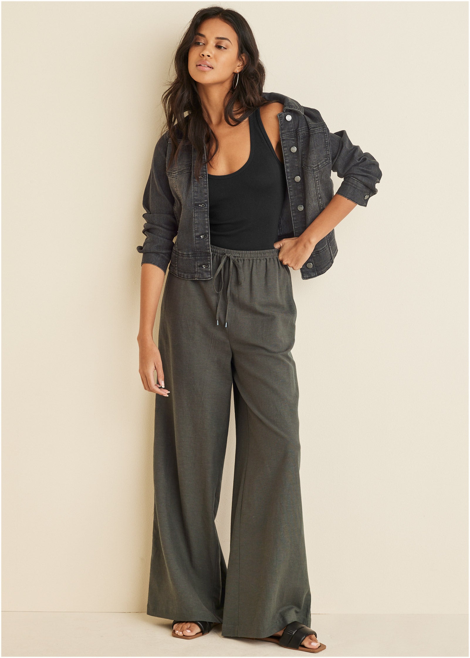 Linen Wide Leg Pants - Olive