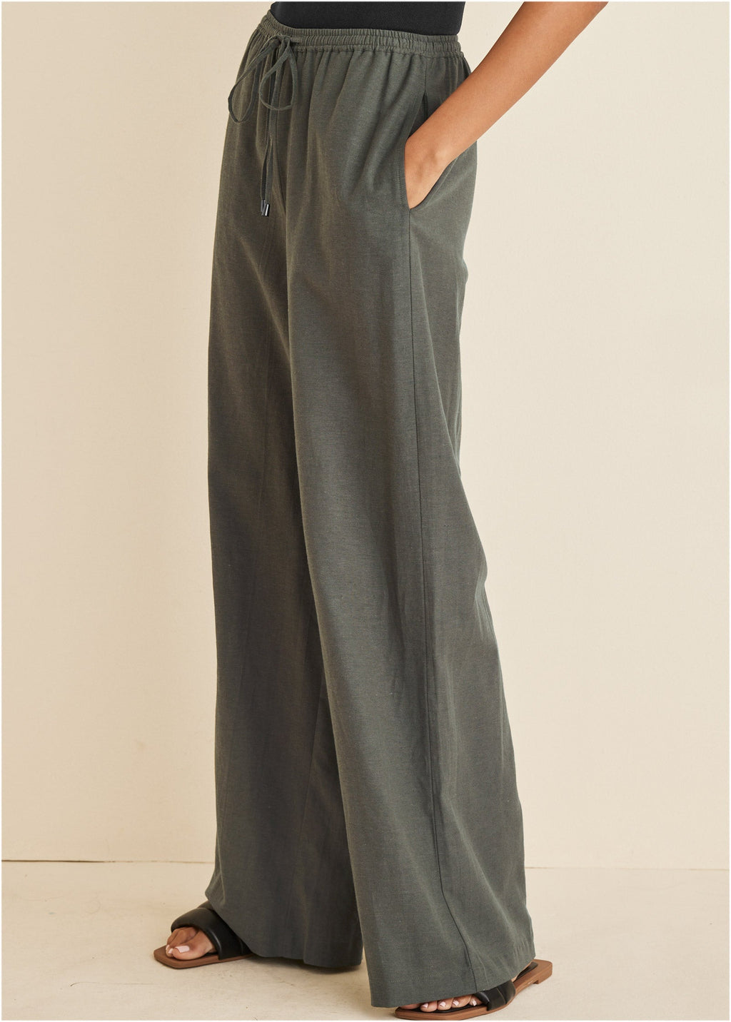 Linen Wide Leg Pants - Olive