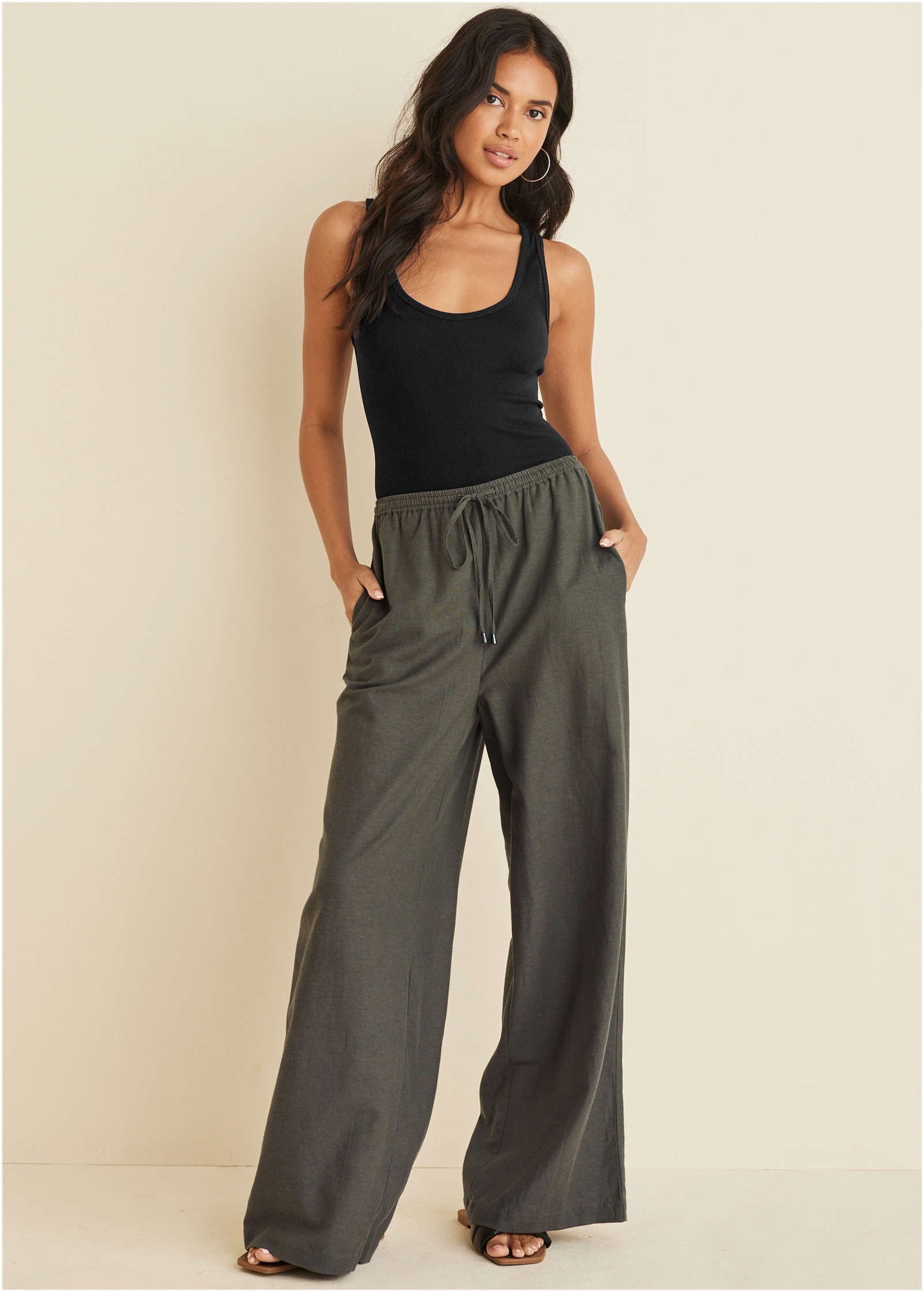 Linen Wide Leg Pants - Olive