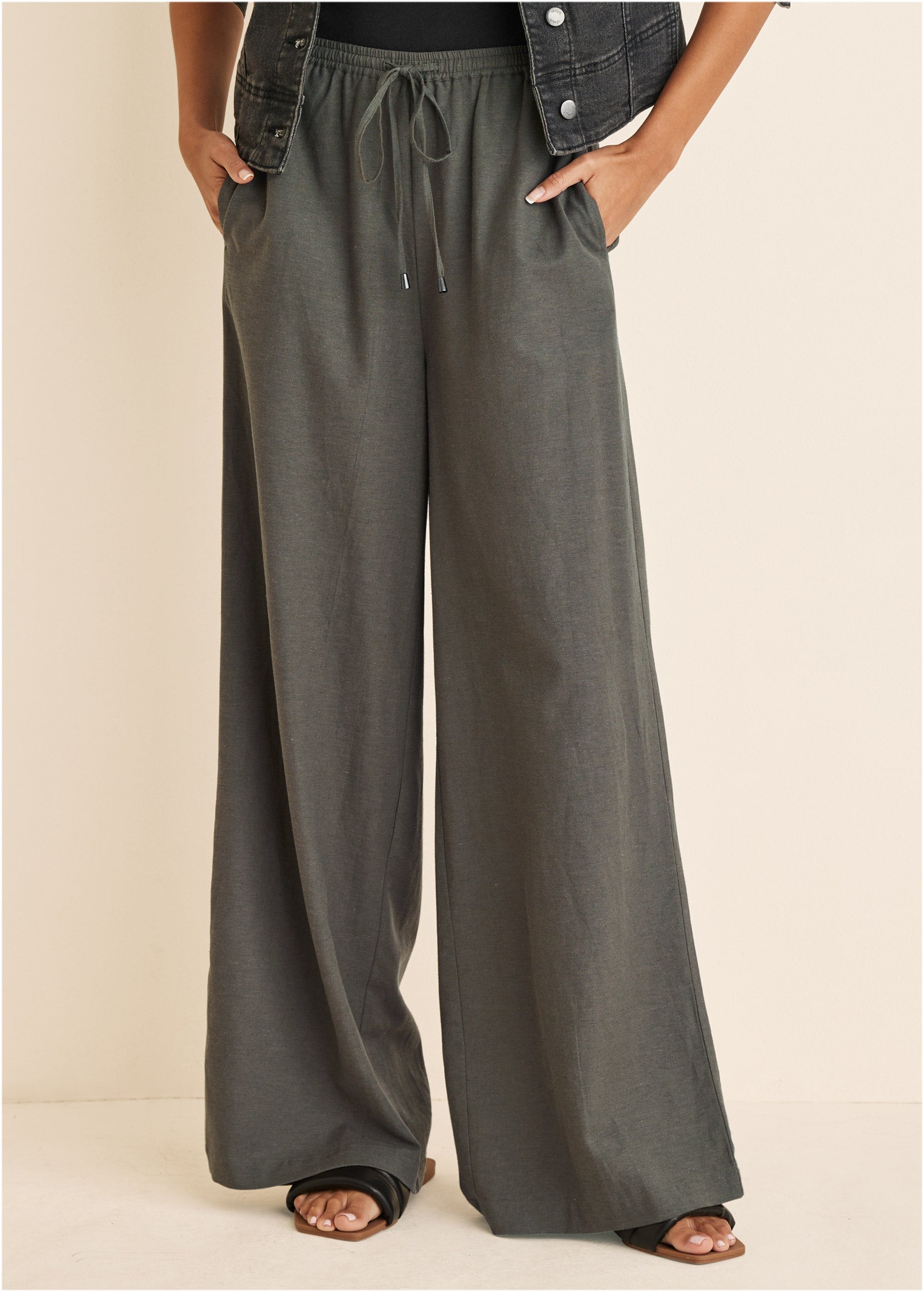 Linen Wide Leg Pants - Olive