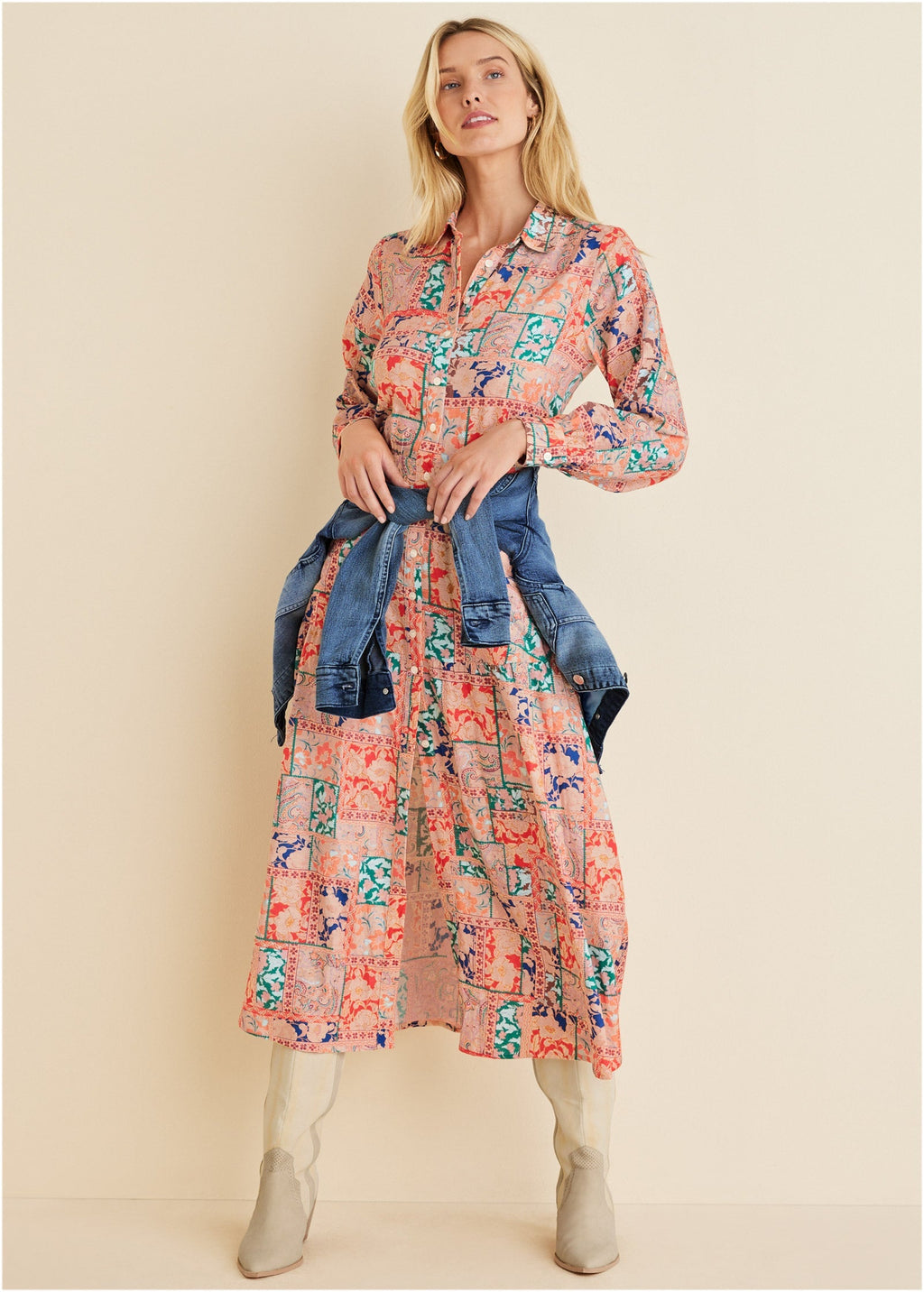 Cotton Linen Shirt Midi Dress - Venetian Patchwork