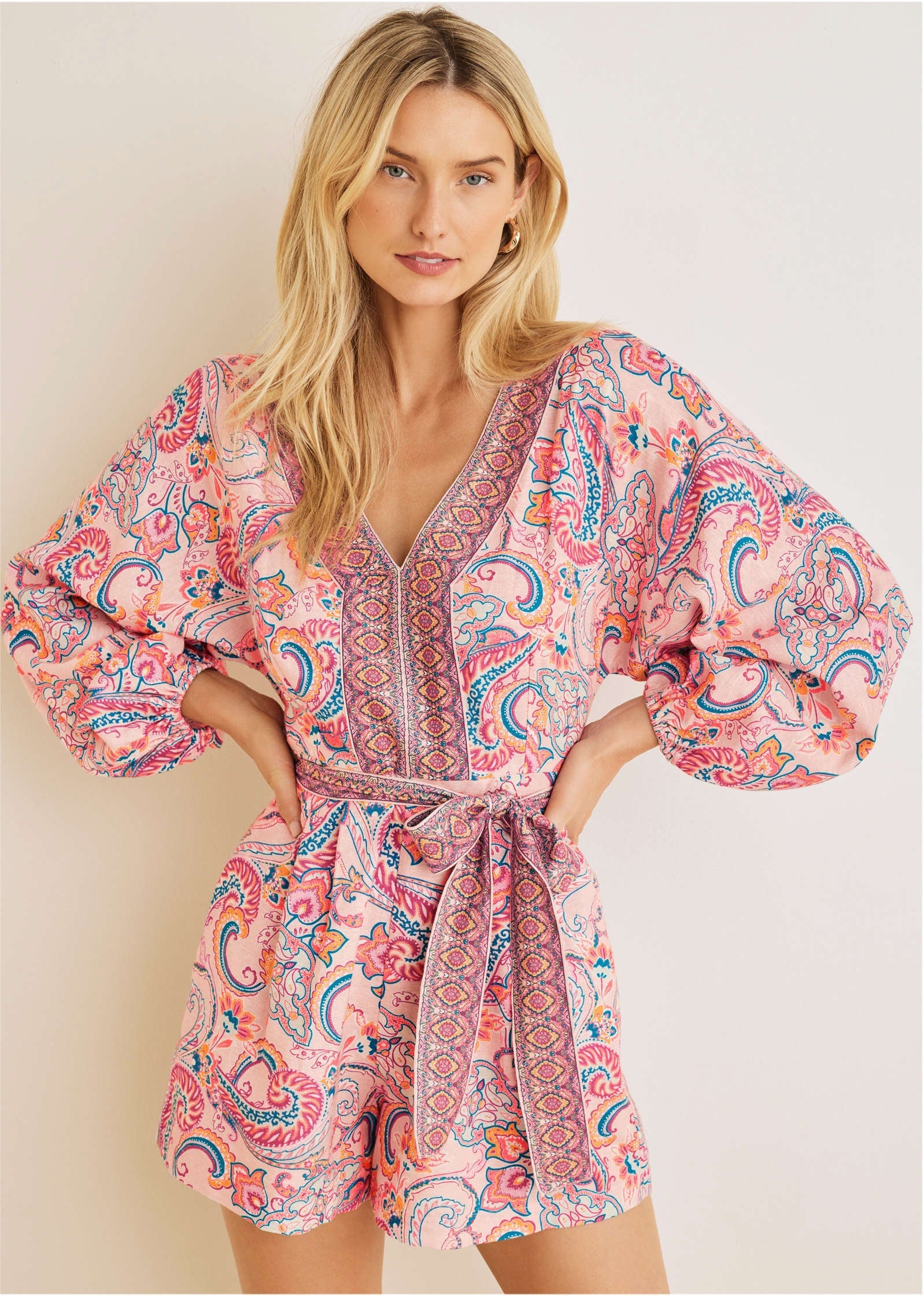 Linen Tie-Waist Romper - Venetian Paisley