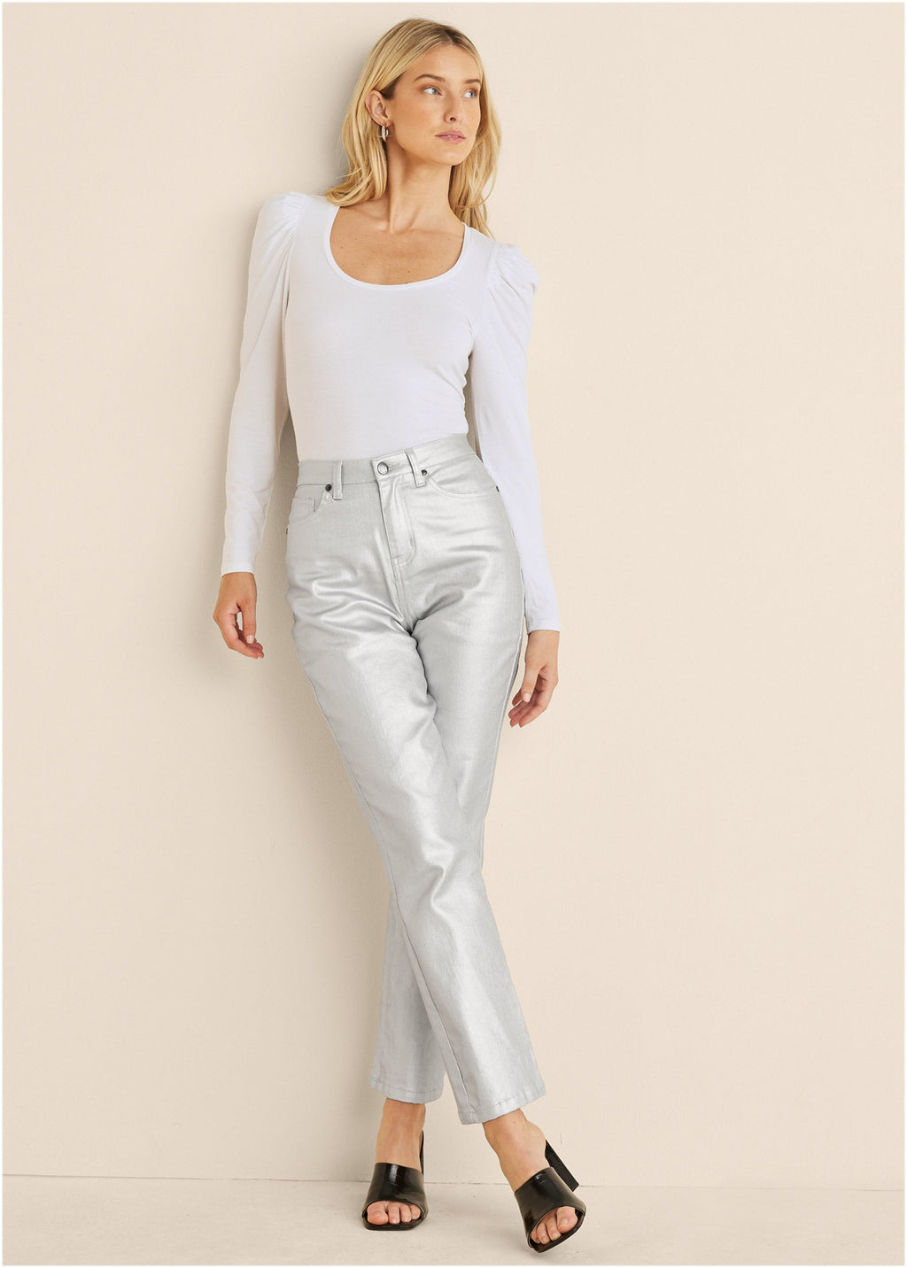 Metallic Straight Leg Jeans - Silver Metallic