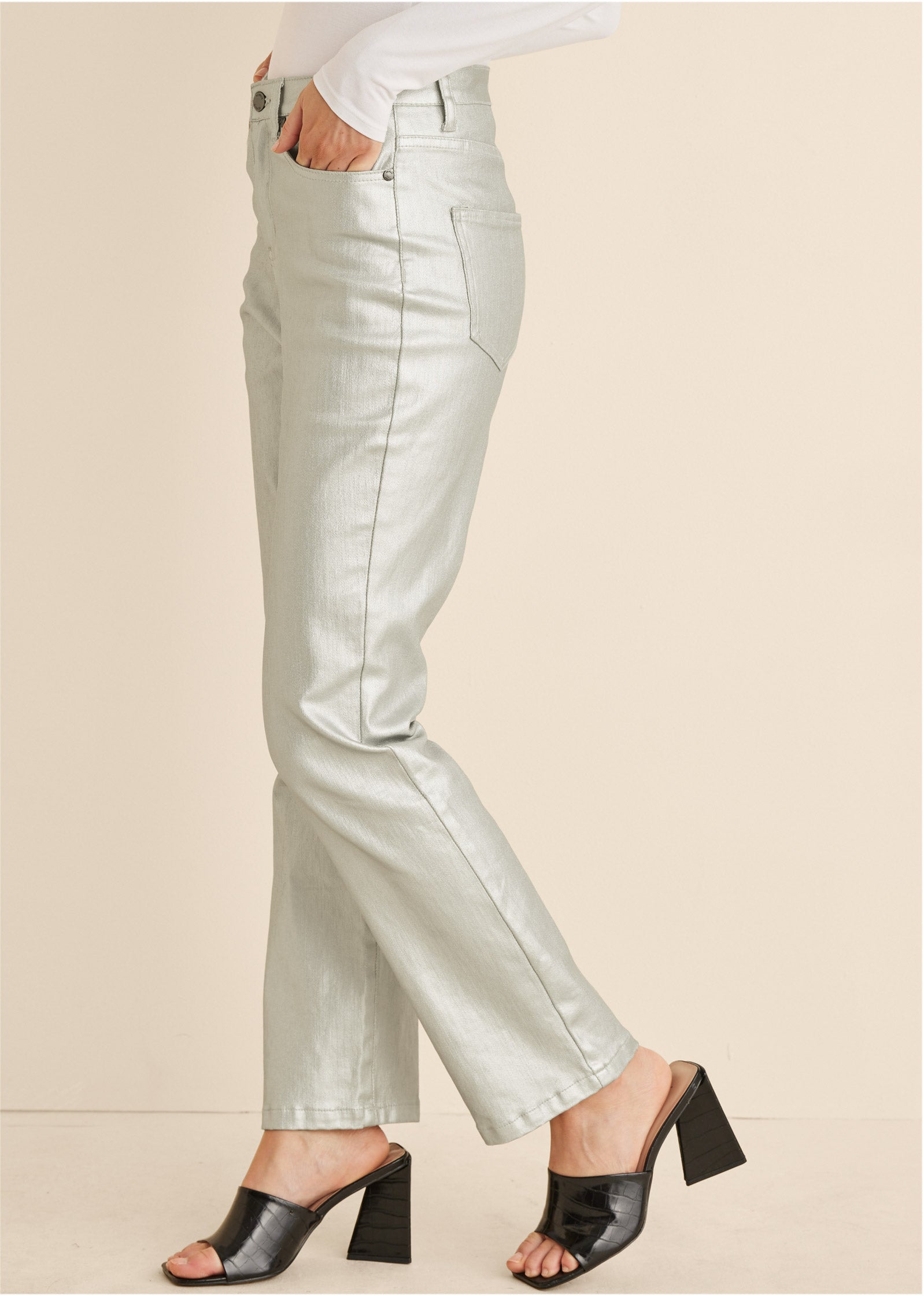 Metallic Straight Leg Jeans - Silver Metallic