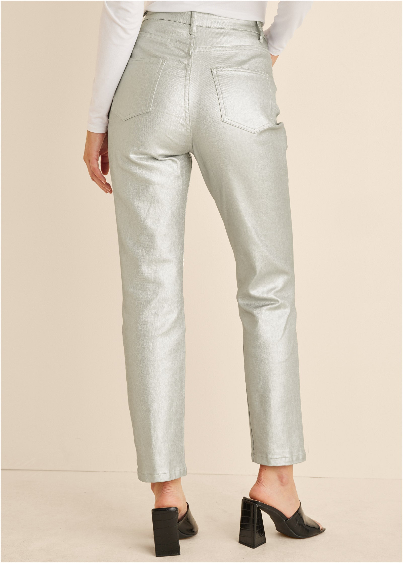 Metallic Straight Leg Jeans - Silver Metallic