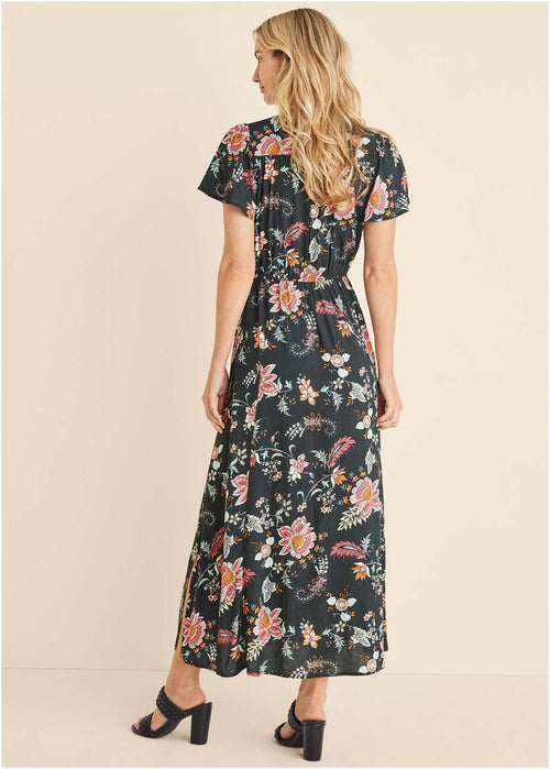 Abstract Print Maxi Dress - Black & Coral