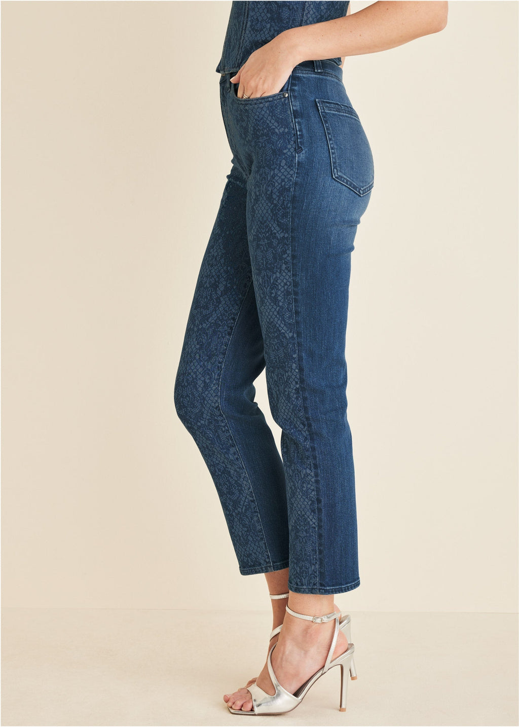 Lace Print Straight Jeans - Medium Wash