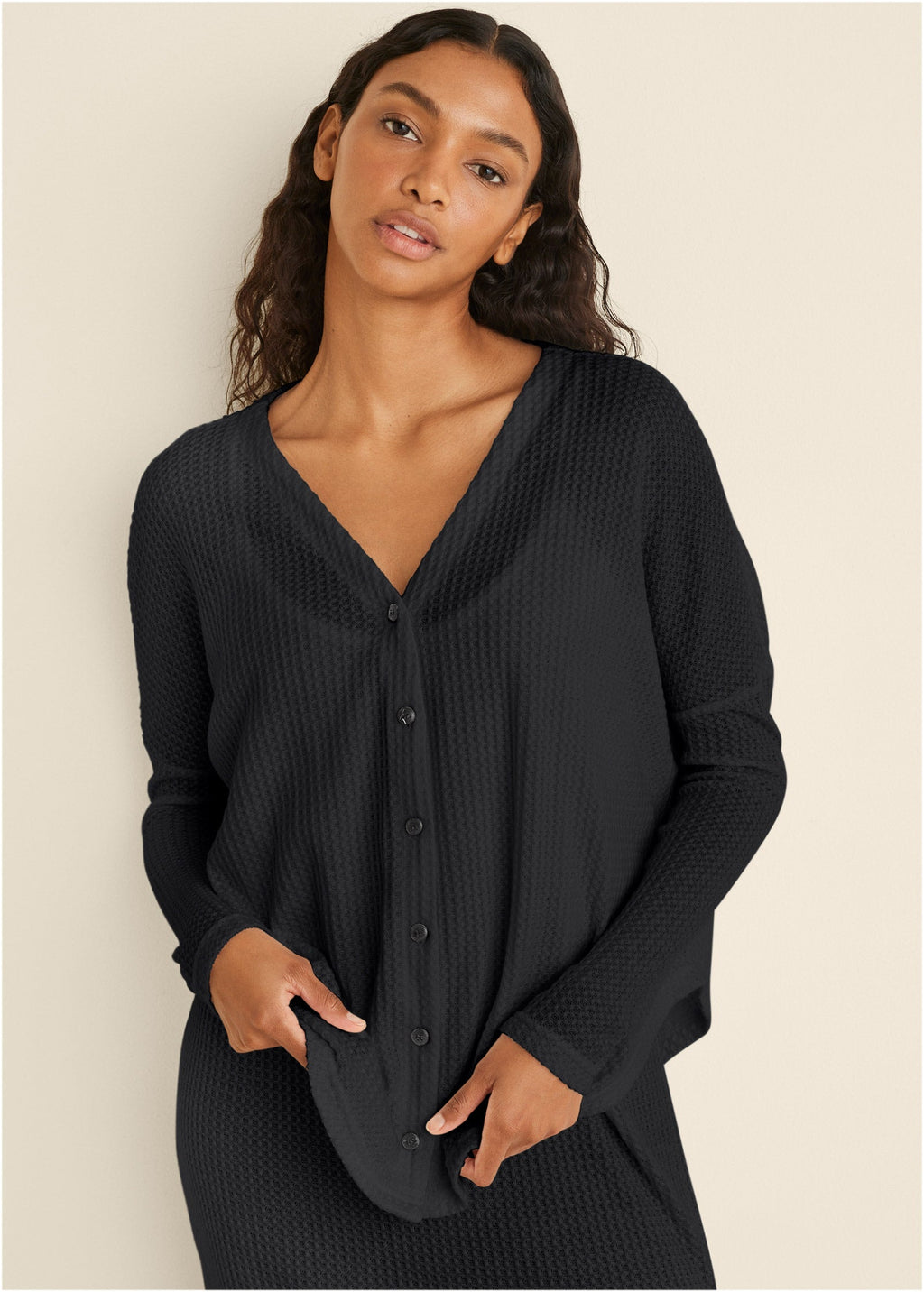 Cozy Waffle Button Down Top - Jet Black