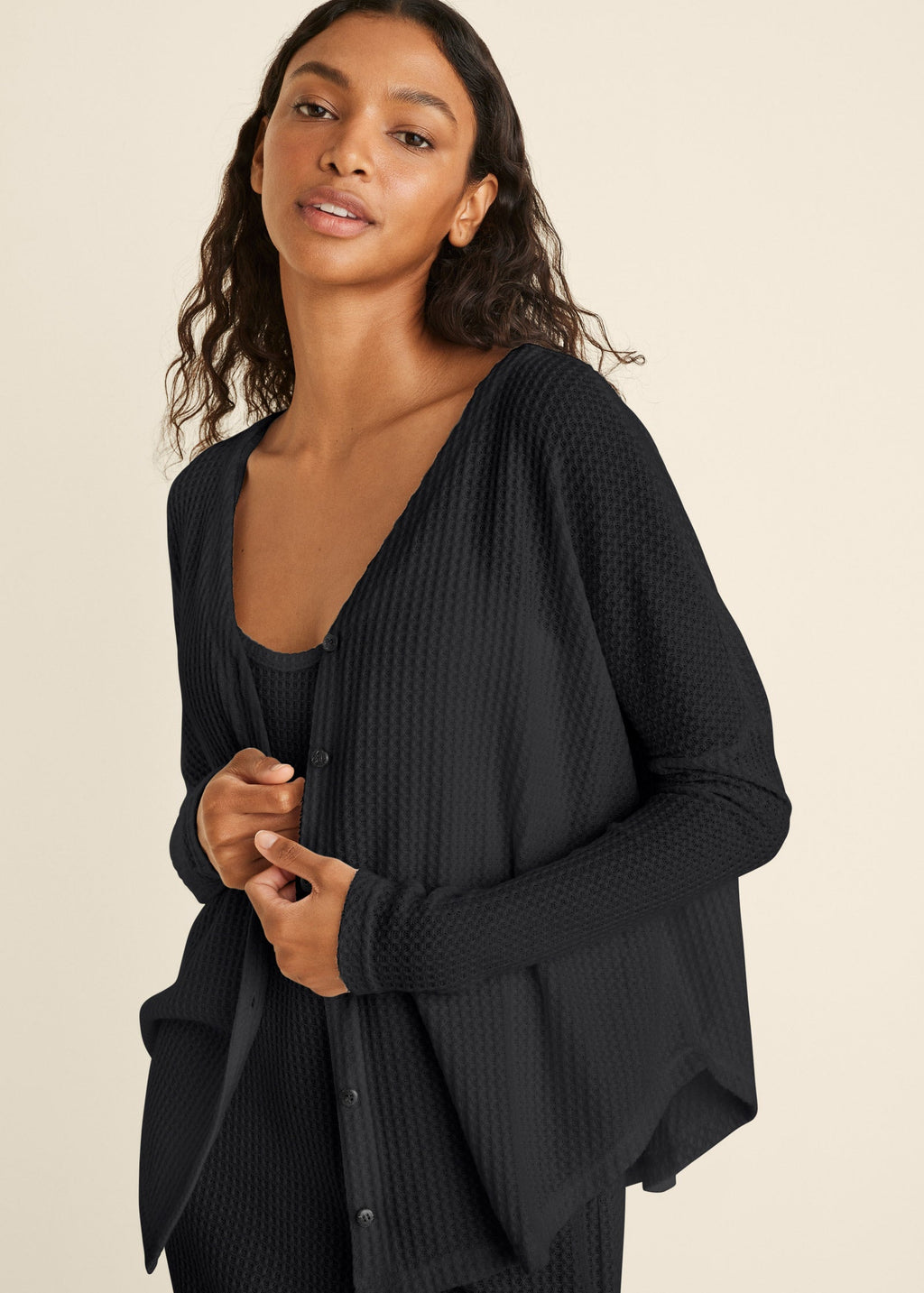 Cozy Waffle Button Down Top - Jet Black