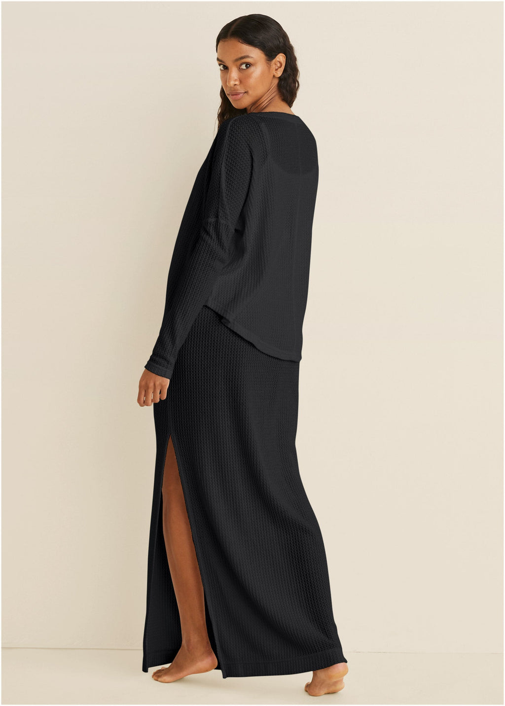 Cozy Waffle Button Down Top - Jet Black