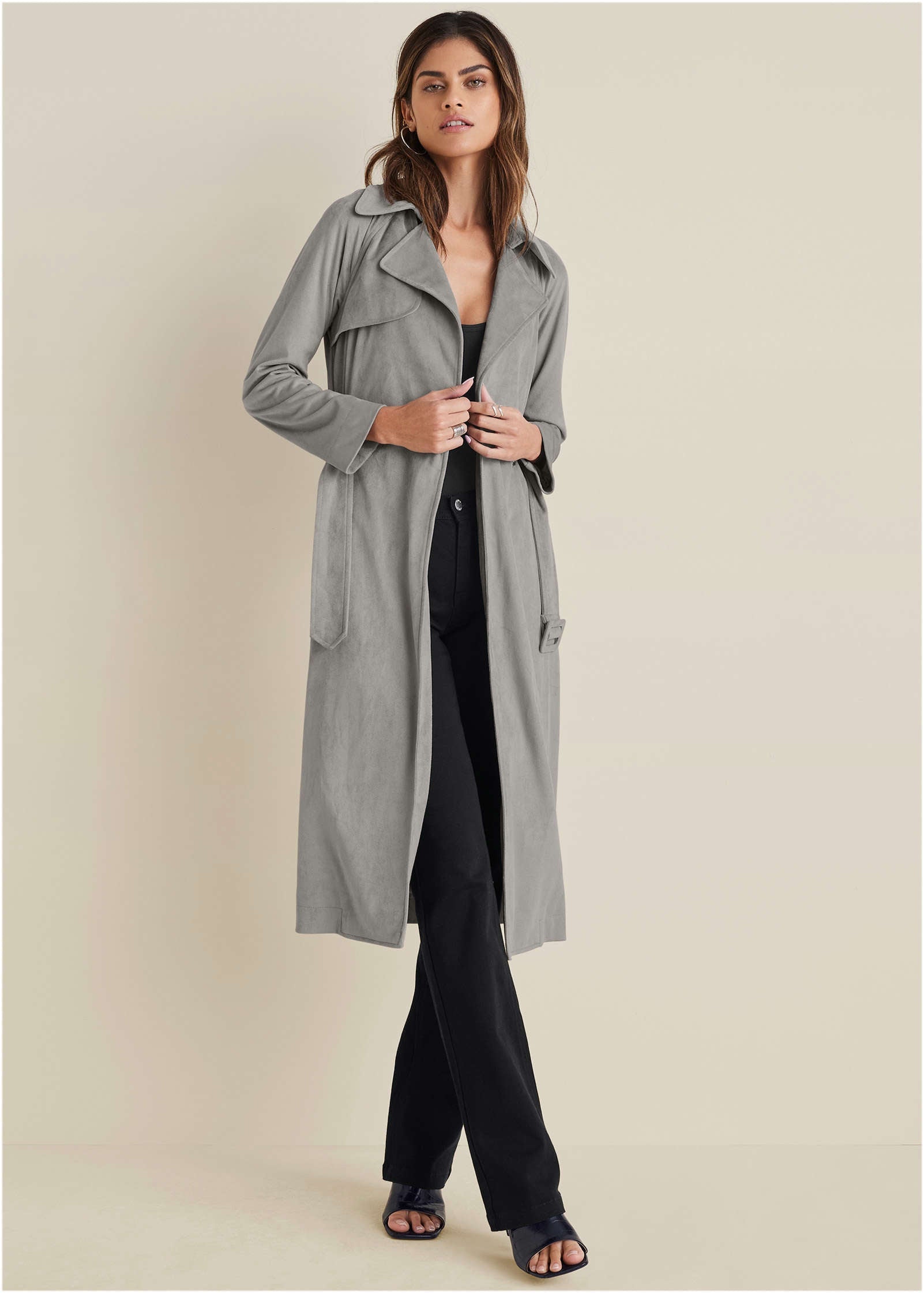 Faux Suede Trench Coat - Grey