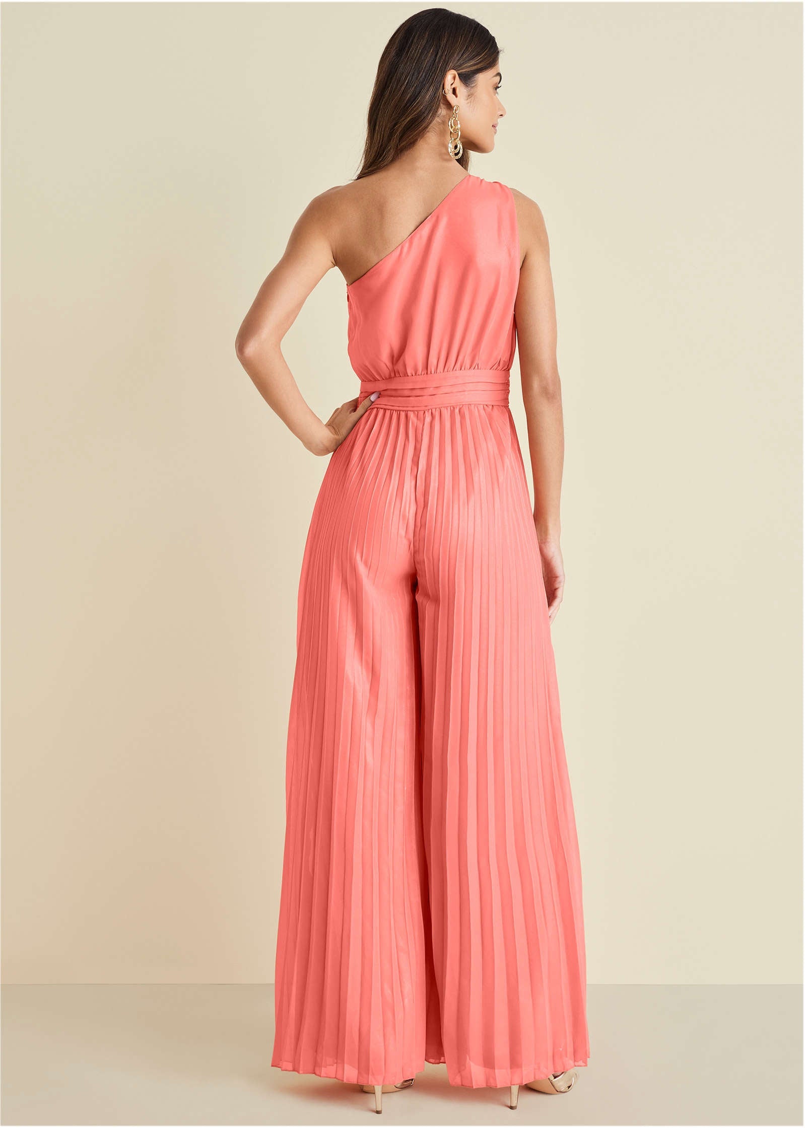 Gold Foil Pleated Jumpsuit - Coral