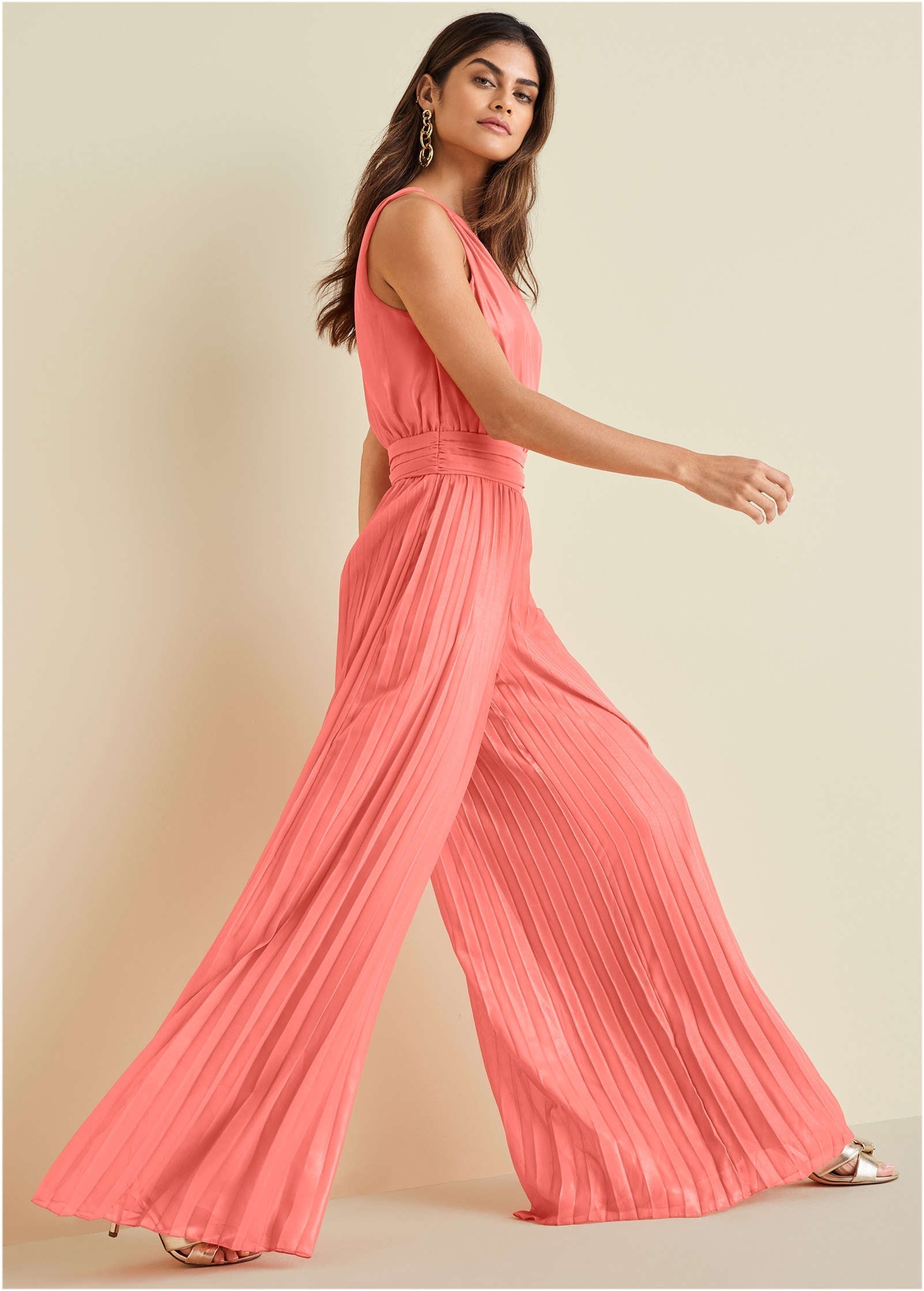 Gold Foil Pleated Jumpsuit - Coral
