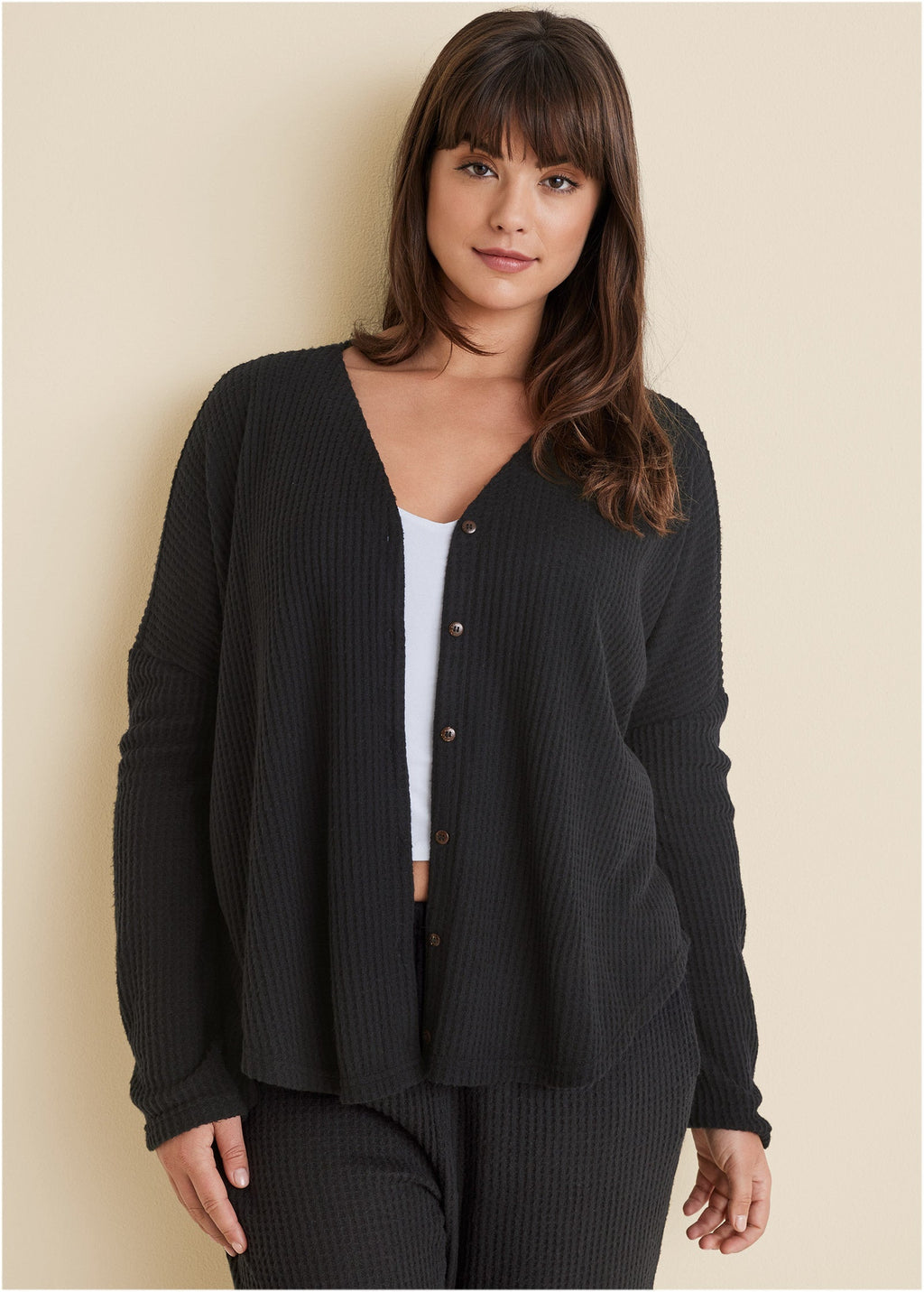 Cozy Waffle Button Down Top - Jet Black
