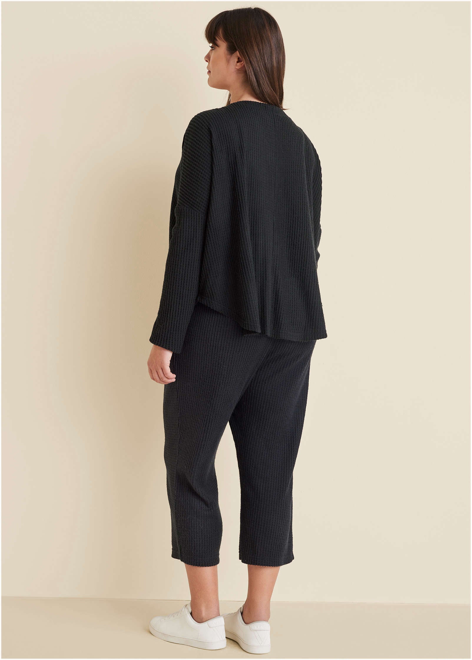 Cozy Waffle Button Down Top - Jet Black