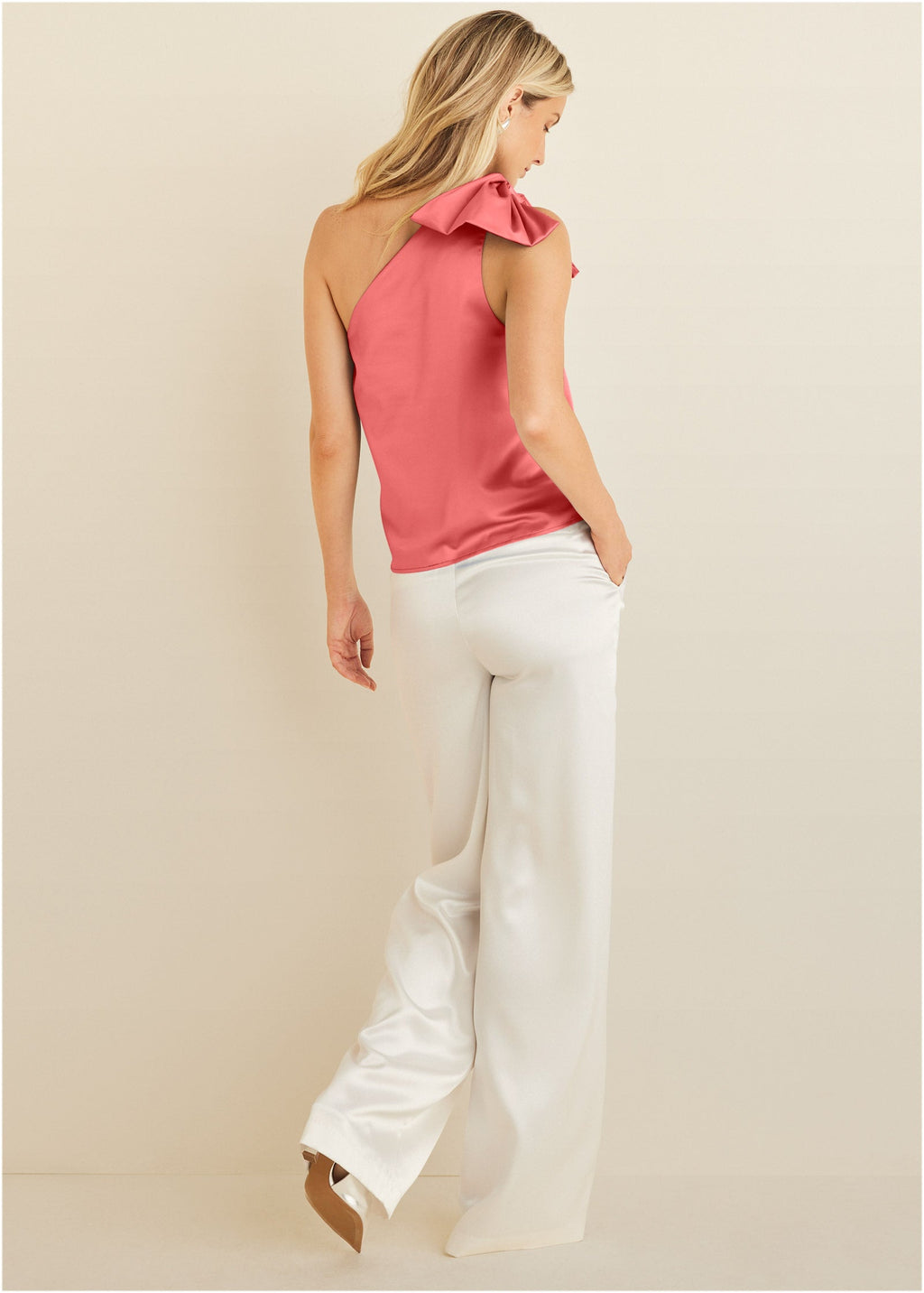 Bow Detail One-Shoulder Top - Coral
