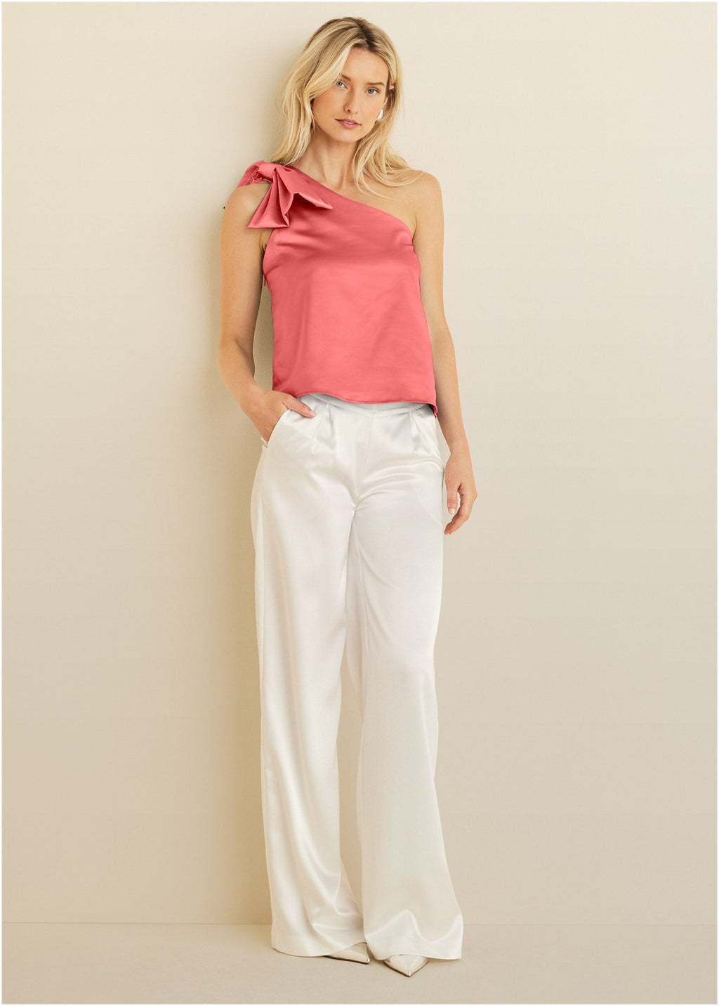 Bow Detail One-Shoulder Top - Coral