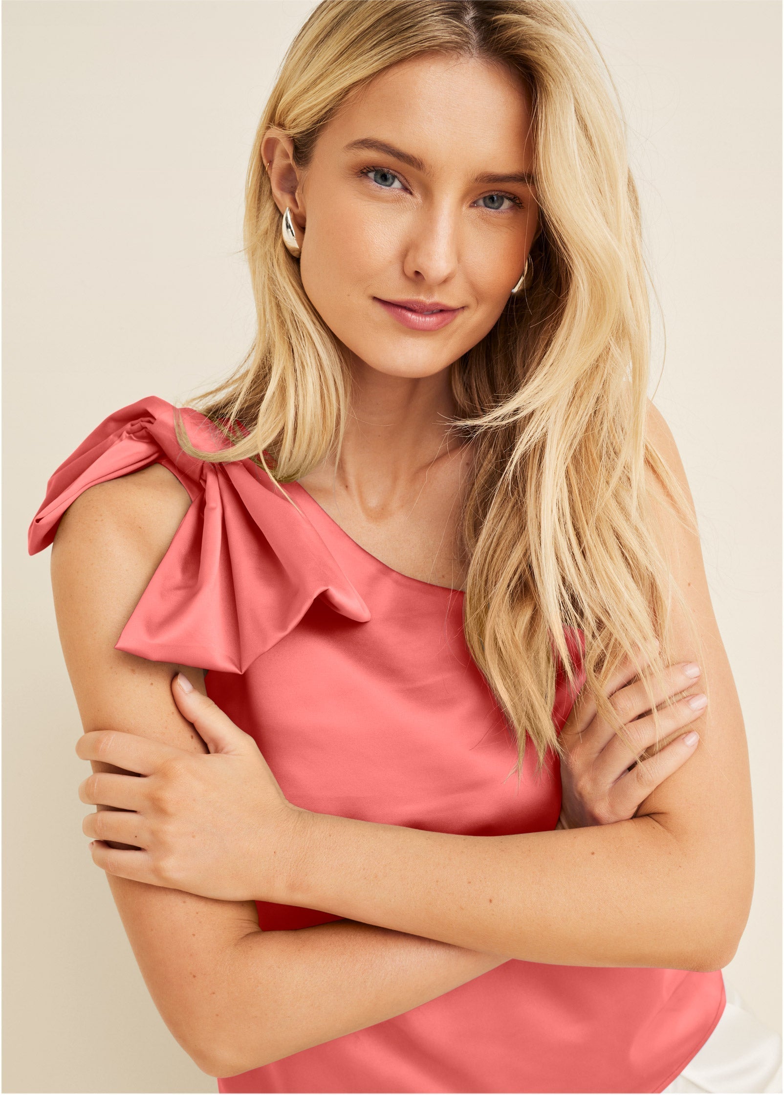Bow Detail One-Shoulder Top - Coral