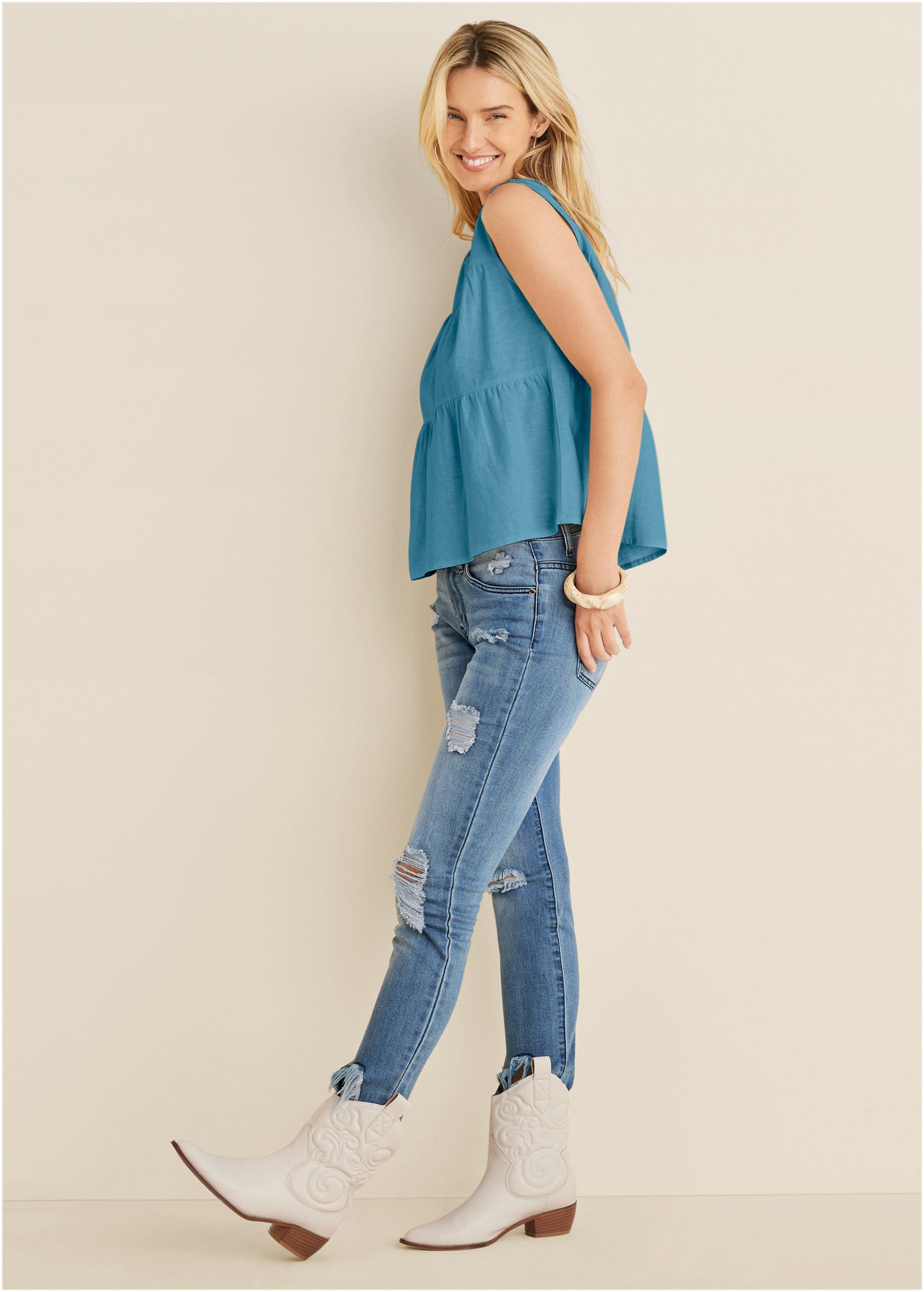 Linen Tiered Tank Top - Blue