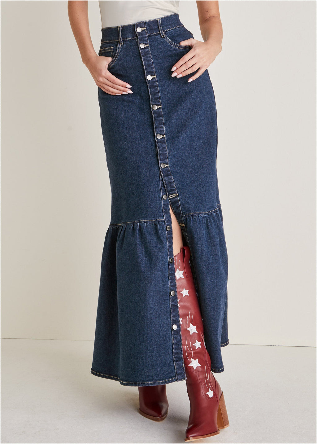 Denim Button Down Skirt - Dark Wash