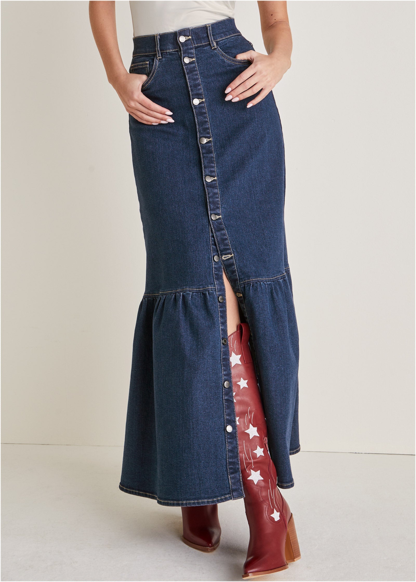 Denim Button Down Skirt - Dark Wash