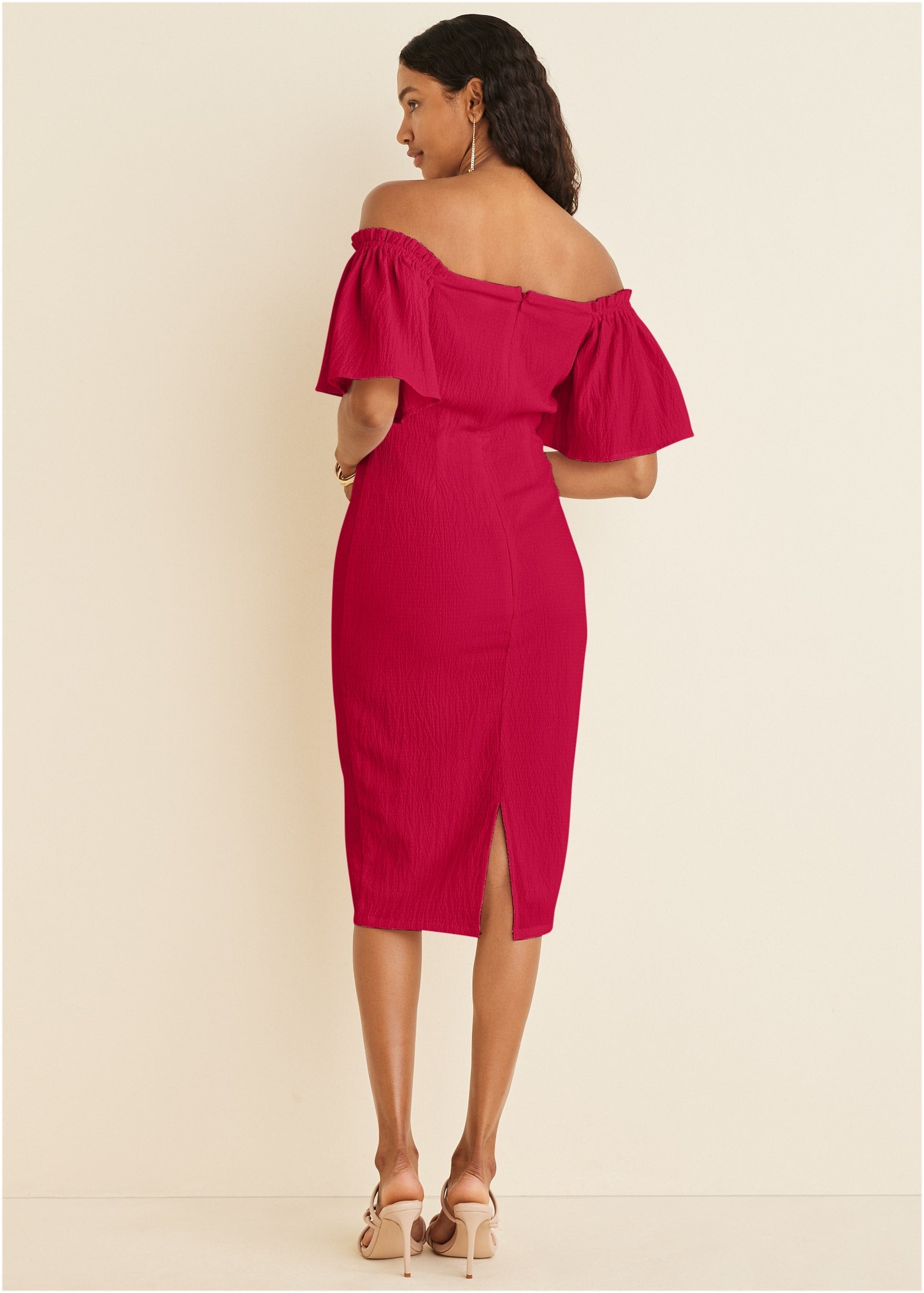 Fluted Satin Midi Dress - Red