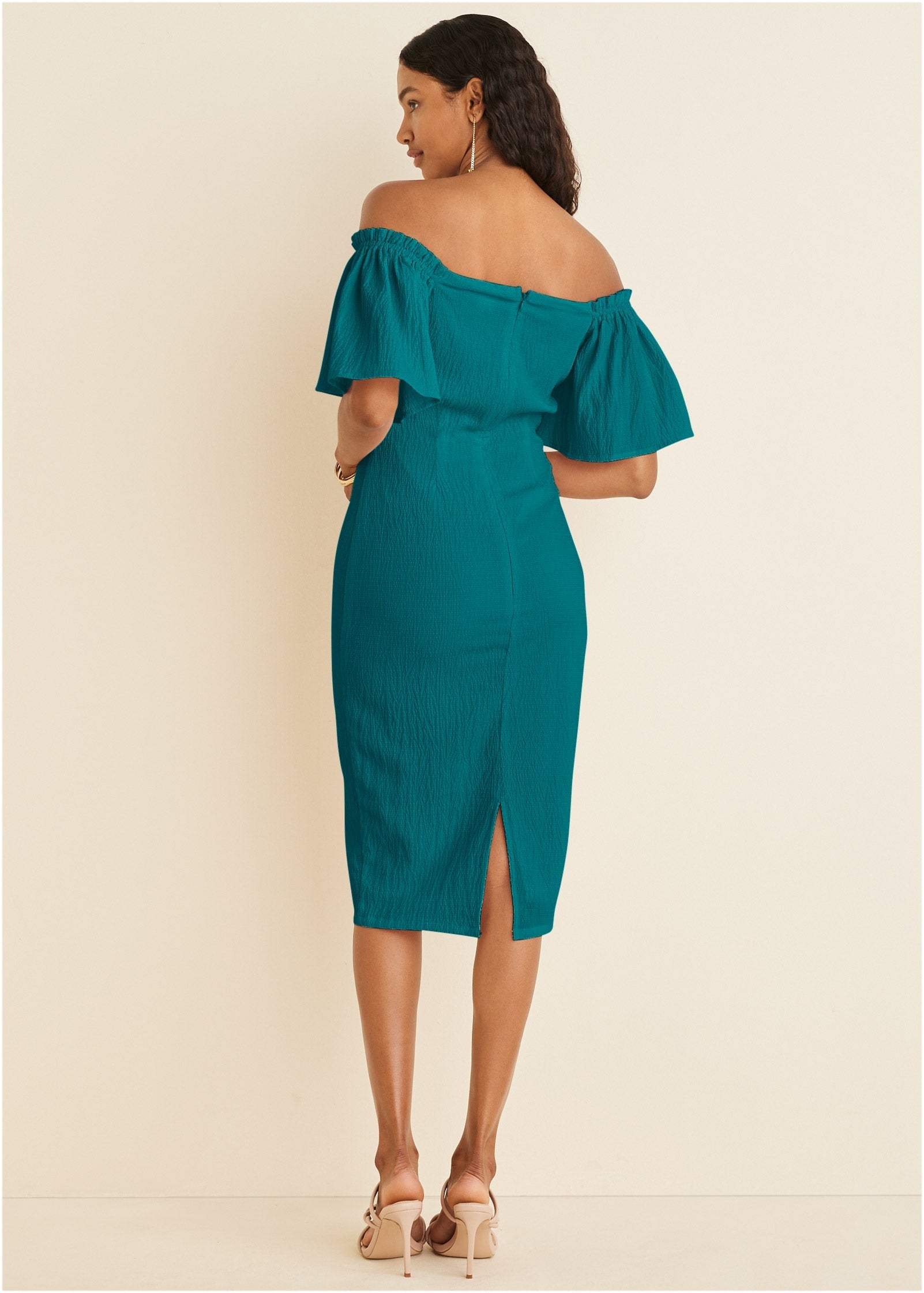 Fluted Satin Midi Dress - Teal
