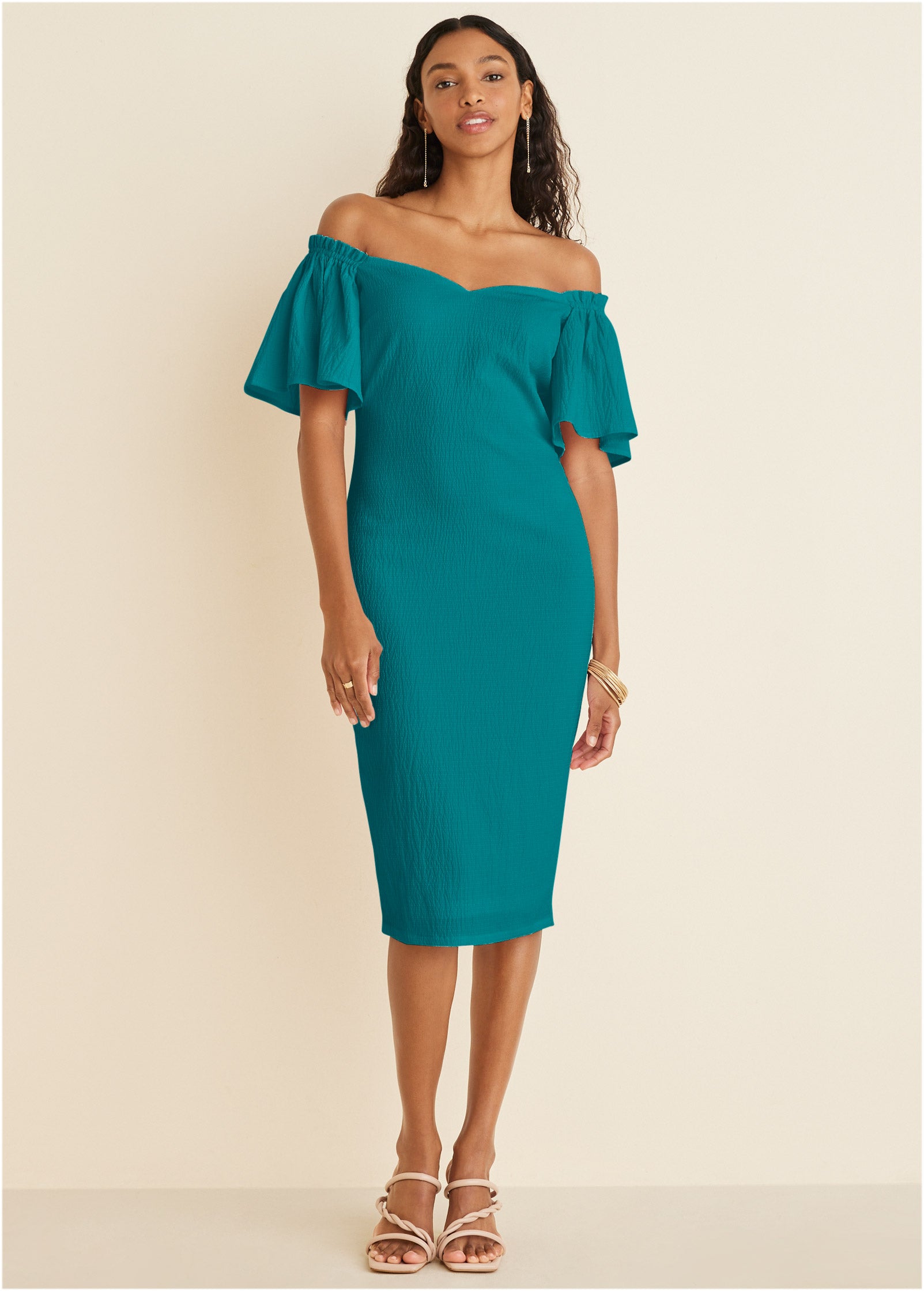 Fluted Satin Midi Dress - Teal