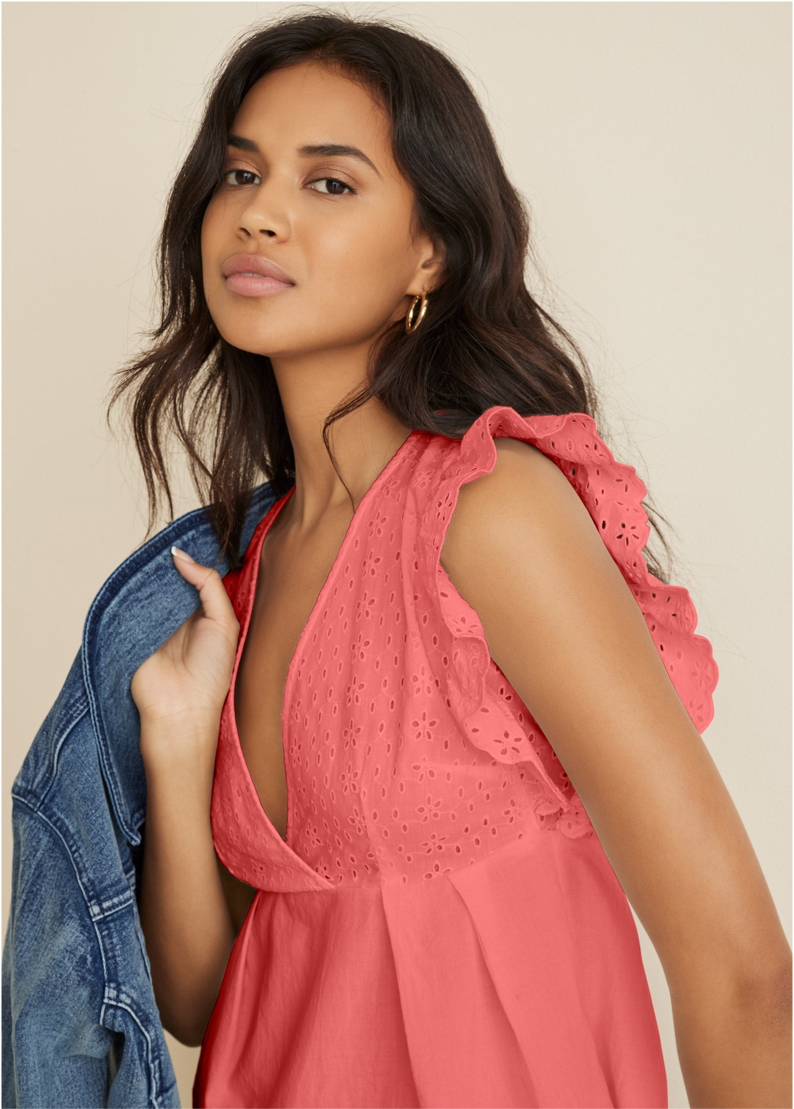 Eyelet Ruffle Tank - Coral