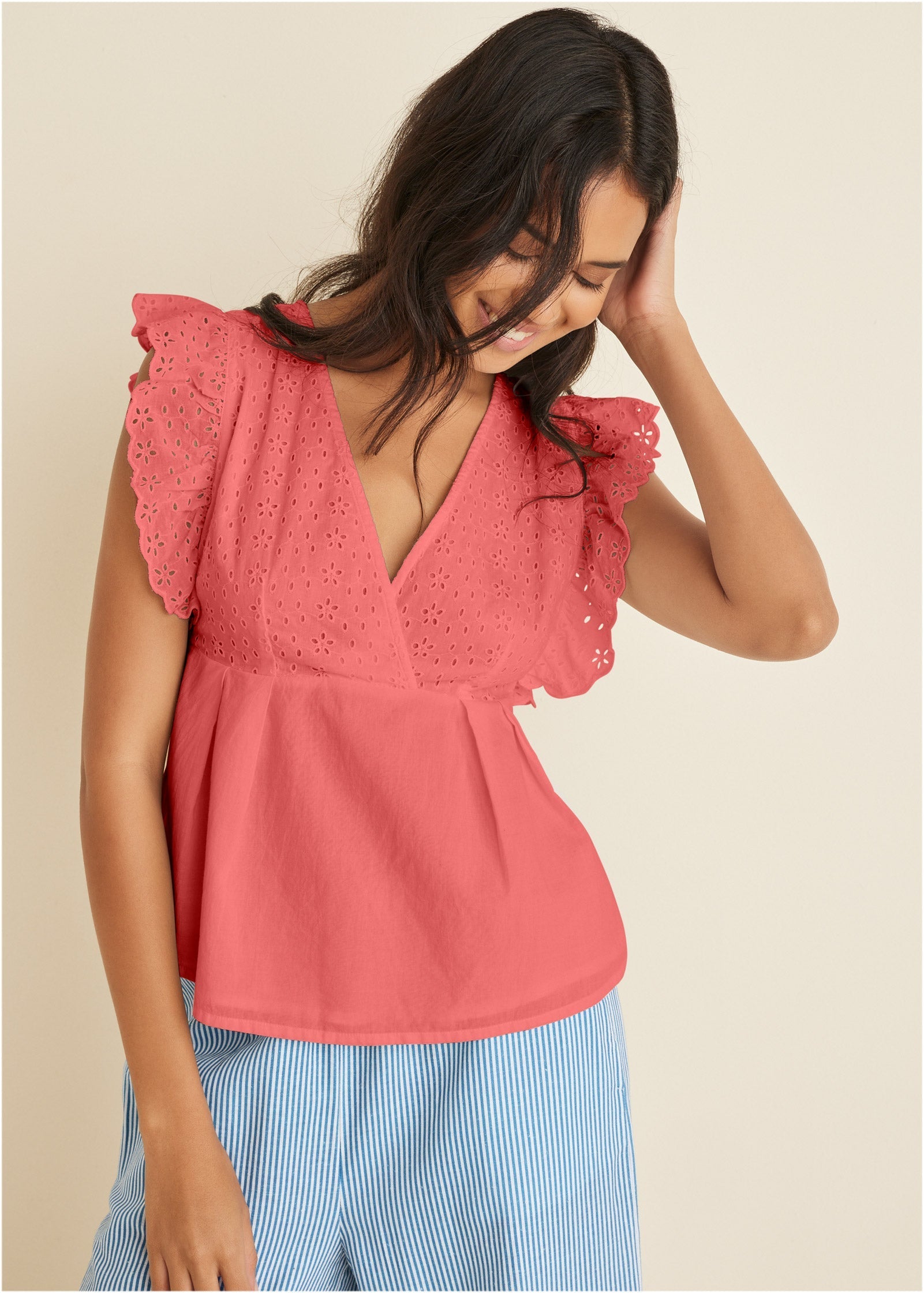 Eyelet Ruffle Tank - Coral