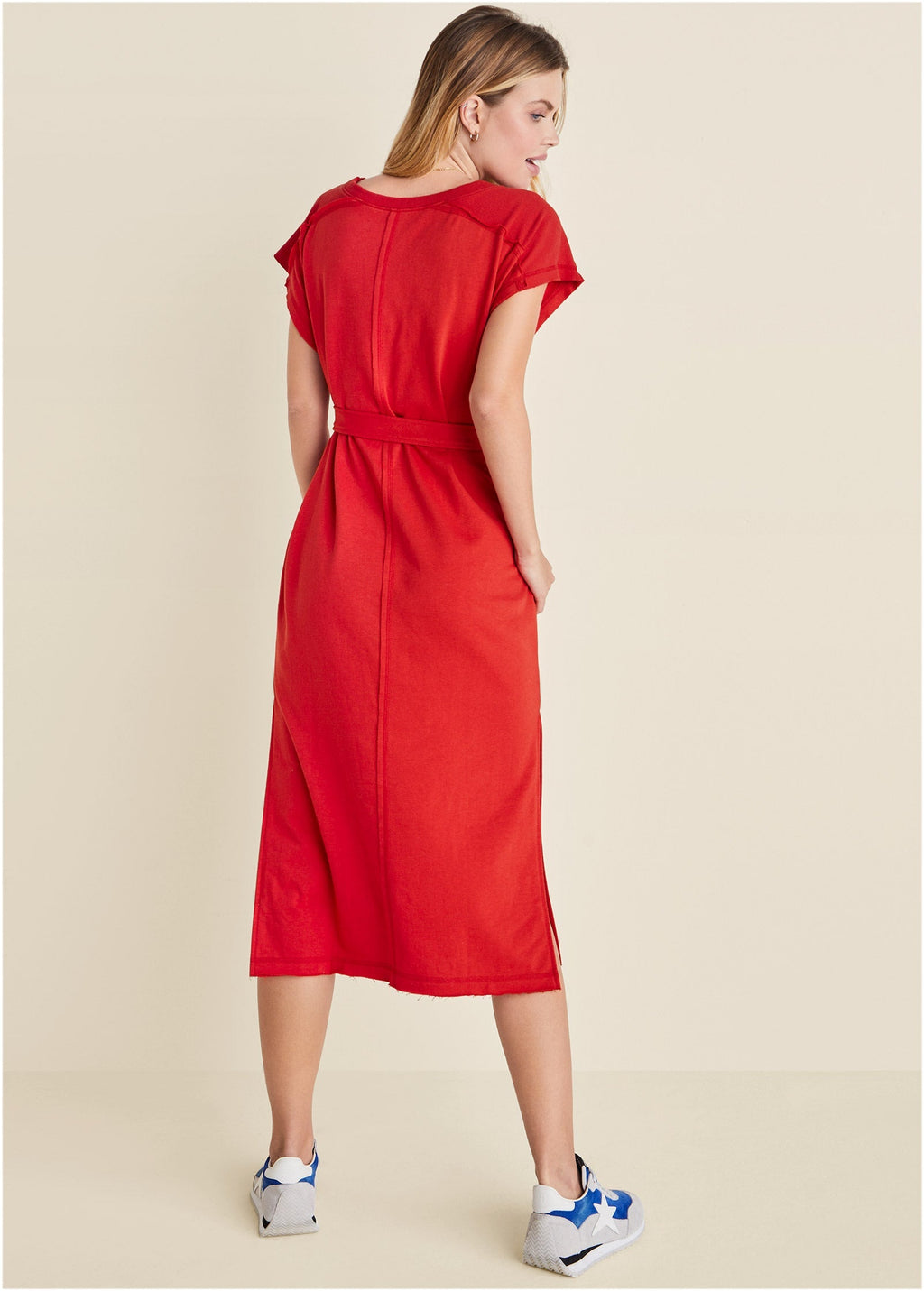 Belted Midi Dress - Red