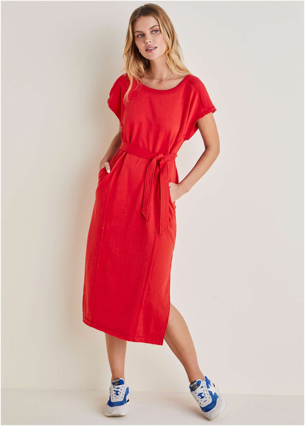 Belted Midi Dress - Red