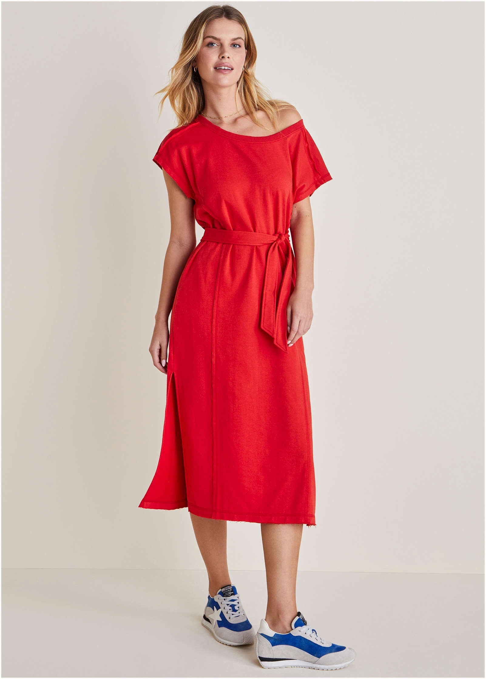 Belted Midi Dress - Red