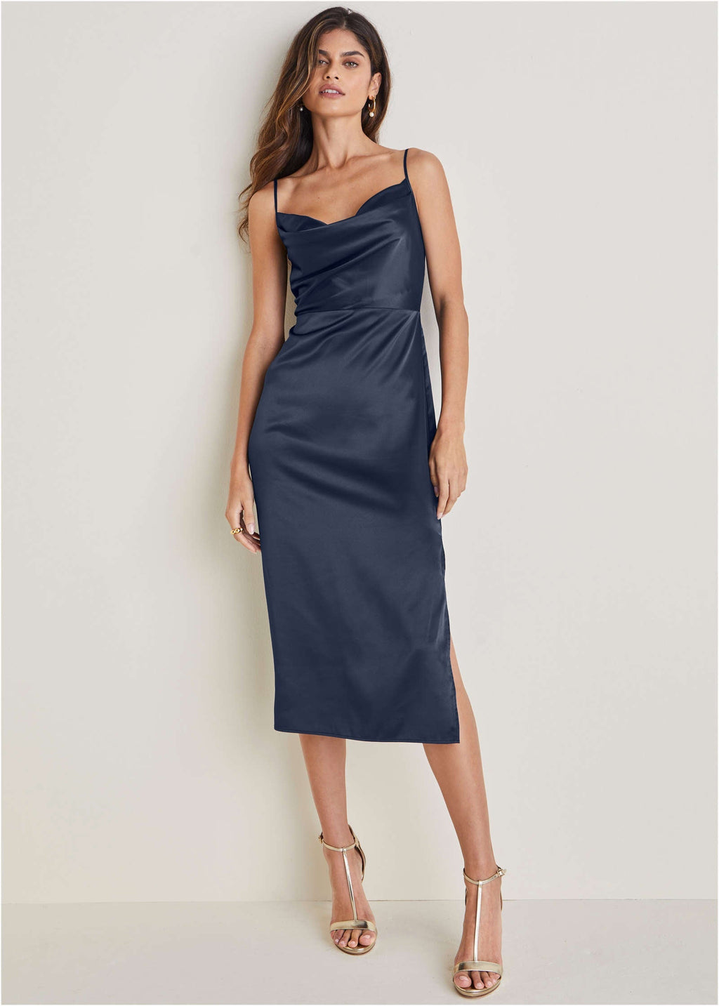 Cowl Neck Slip Dress - Navy